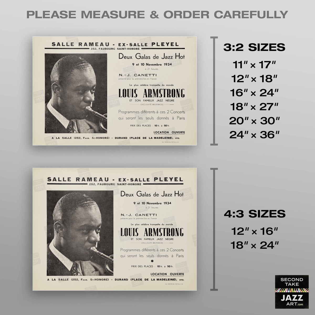 Louis Armstrong jazz poster - Salle-Pleyel - Paris - 1934 (horizontal)