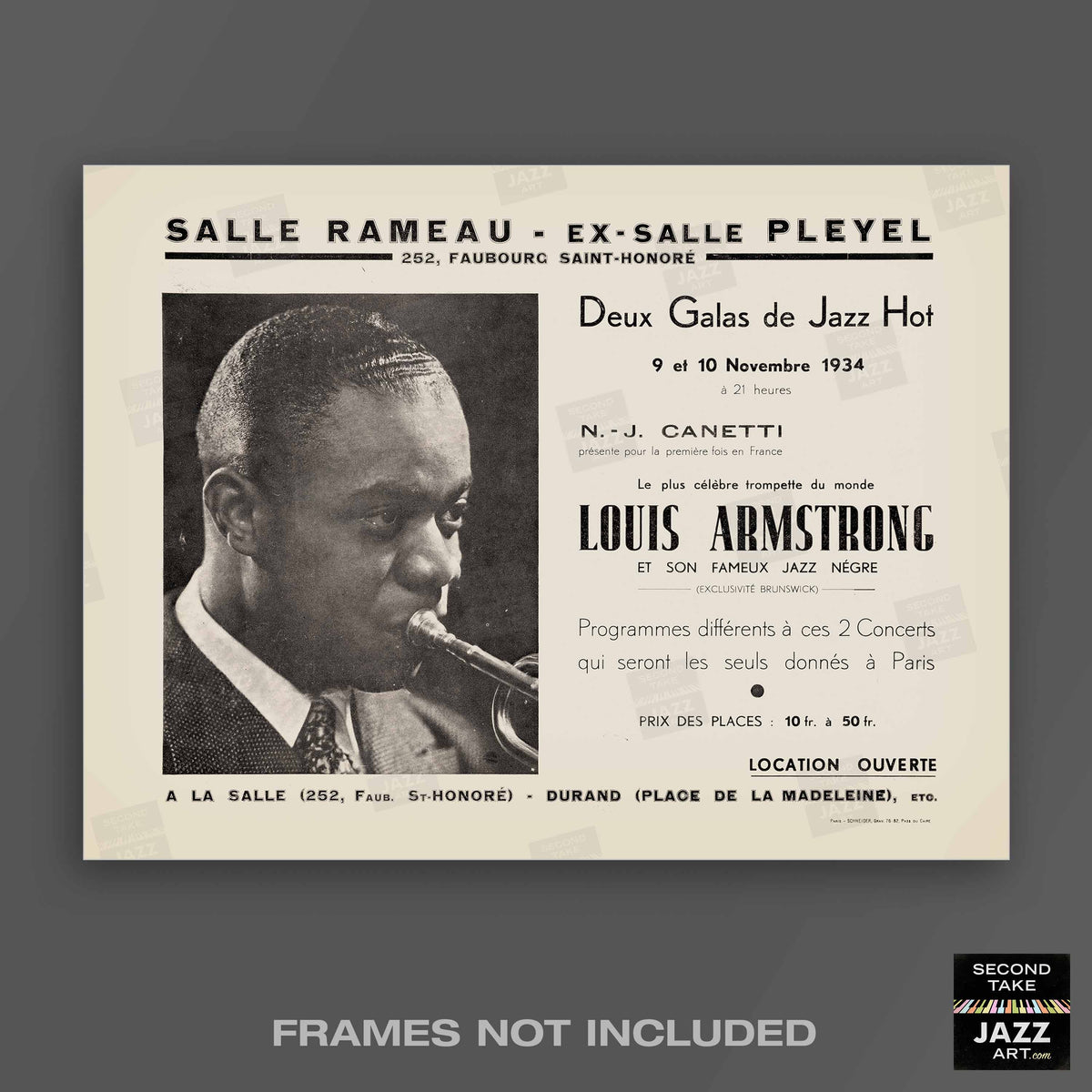 Louis Armstrong jazz poster - Salle-Pleyel - Paris - 1934 (horizontal)