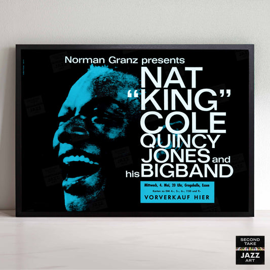 Nat King Cole - Quincy Jones Big Band jazz poster - Essen - 1960 (blue variant, horizontal)