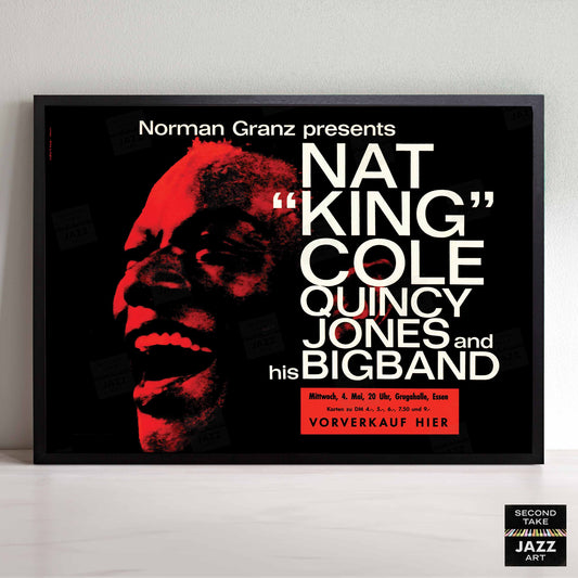 Nat King Cole - Quincy Jones Big Band jazz poster - Essen - 1960 (red variant, horizontal)