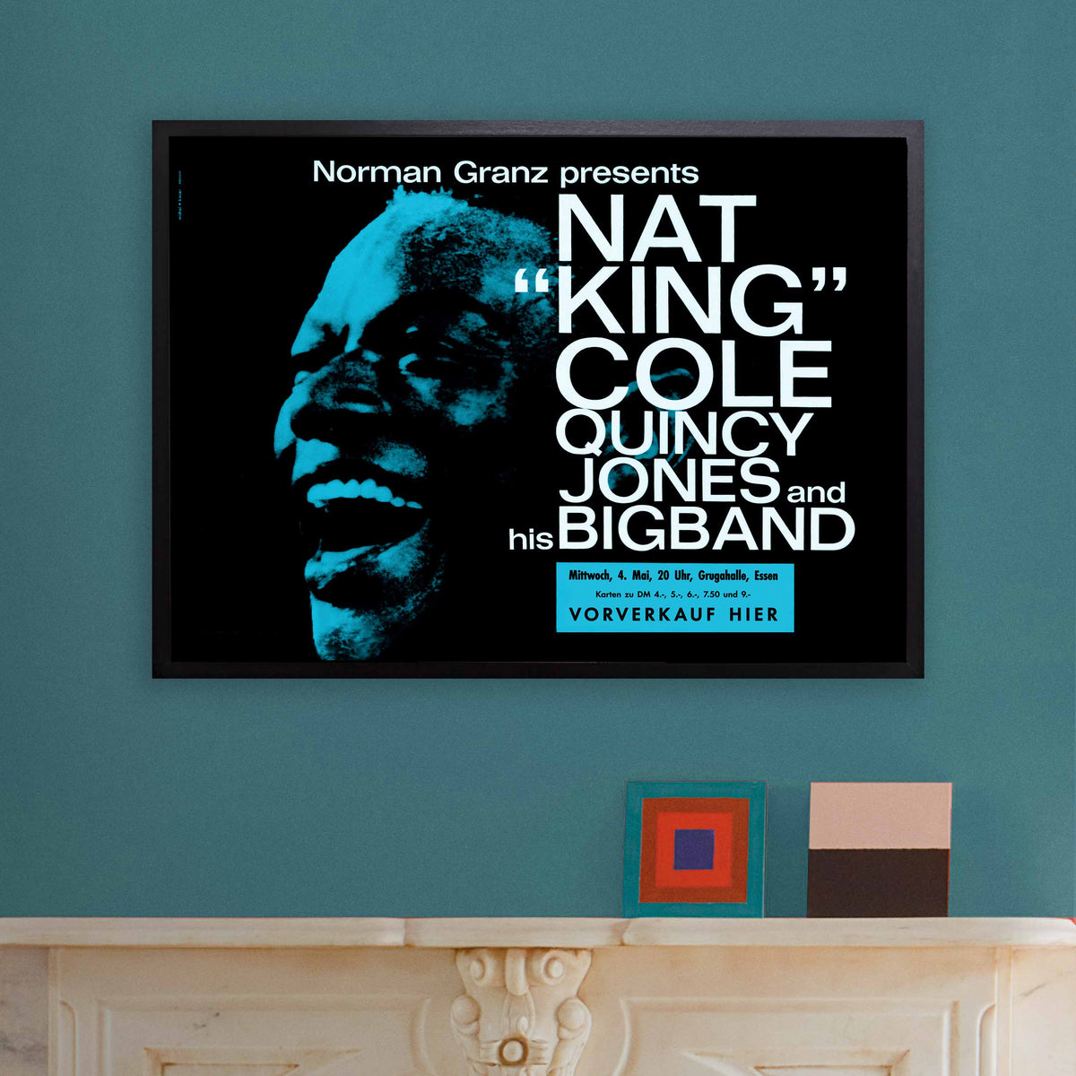Nat King Cole - Quincy Jones Big Band jazz poster - Essen - 1960 (blue variant, horizontal)