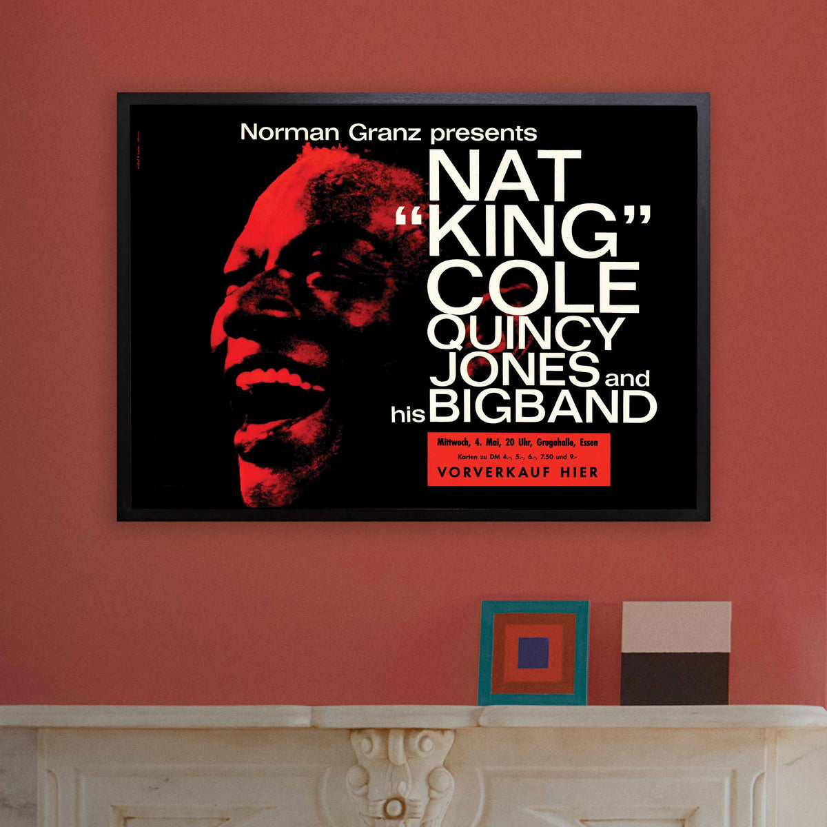 Nat King Cole - Quincy Jones Big Band jazz poster - Essen - 1960 (red variant, horizontal)