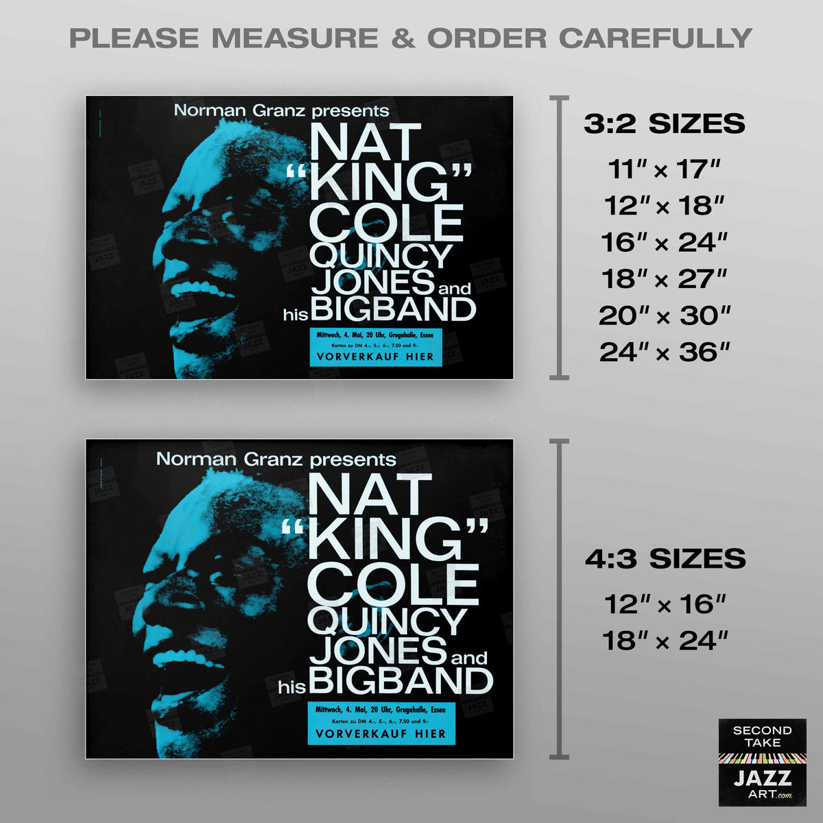 Nat King Cole - Quincy Jones Big Band jazz poster - Essen - 1960 (blue variant, horizontal)