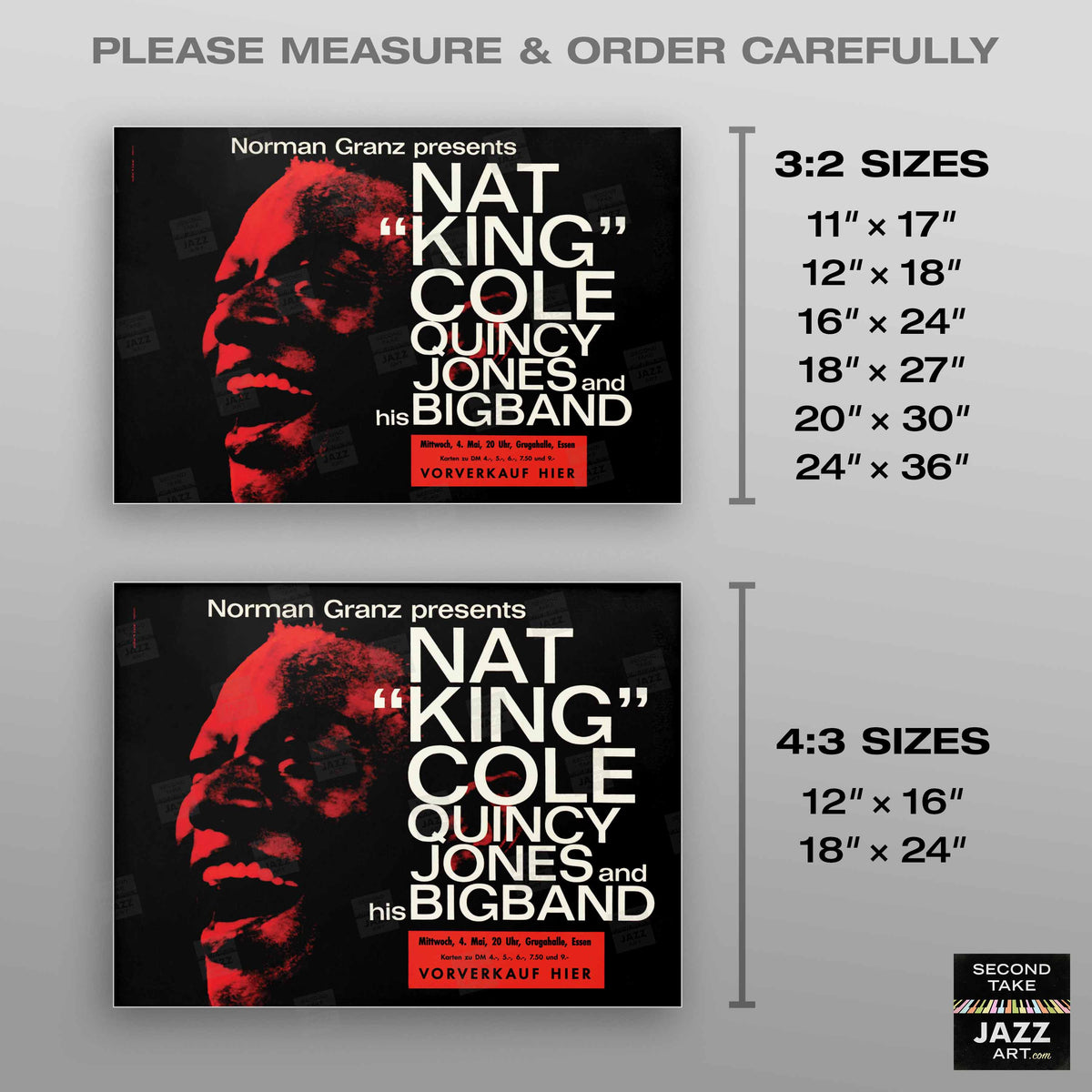 Nat King Cole - Quincy Jones Big Band jazz poster - Essen - 1960 (red variant, horizontal)