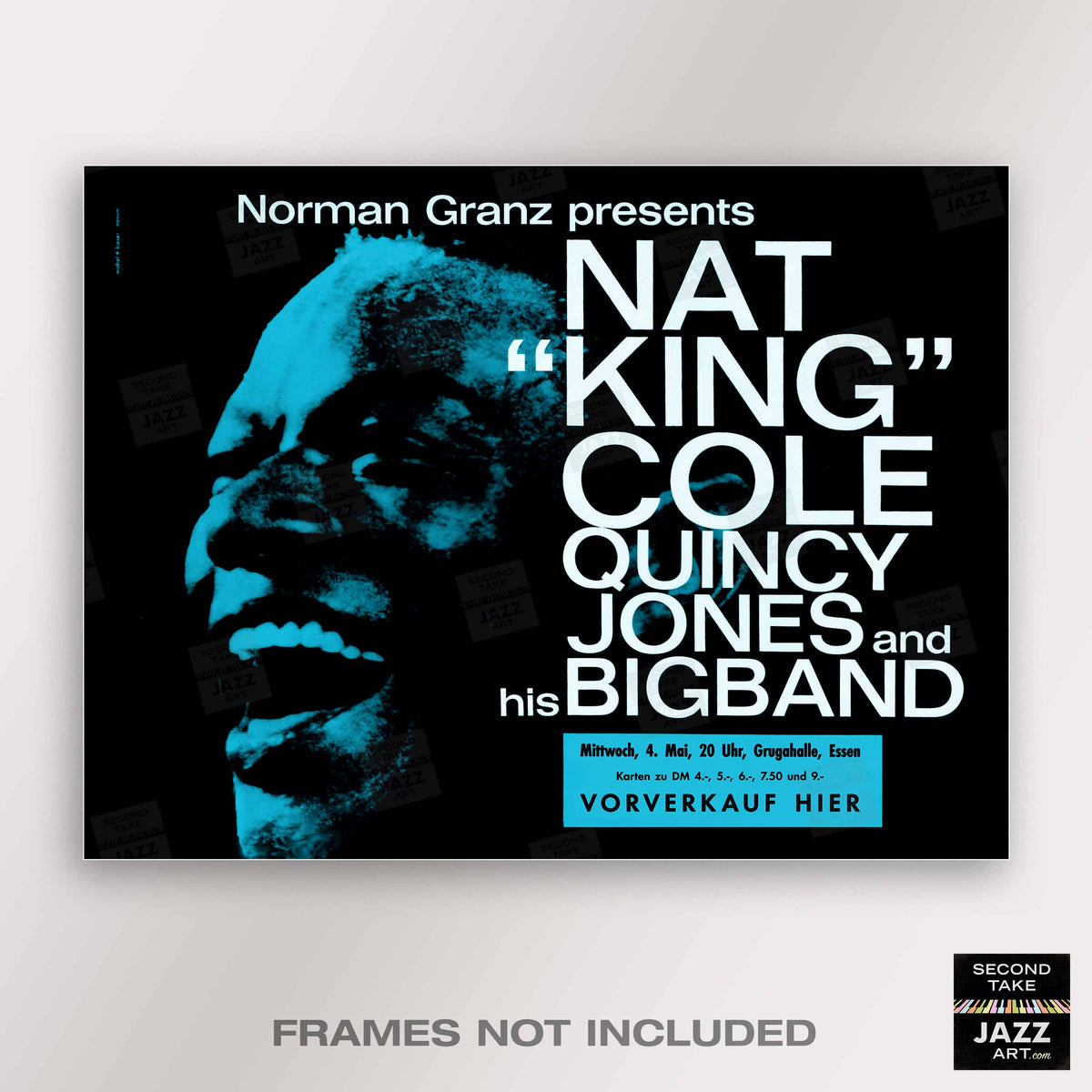 Nat King Cole - Quincy Jones Big Band jazz poster - Essen - 1960 (blue variant, horizontal)
