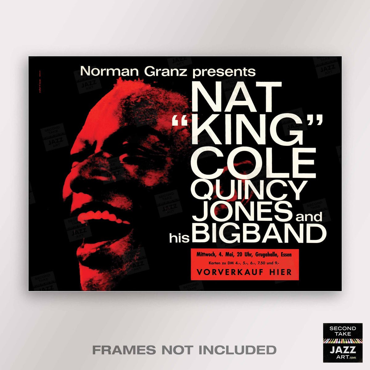 Nat King Cole - Quincy Jones Big Band jazz poster - Essen - 1960 (red variant, horizontal)