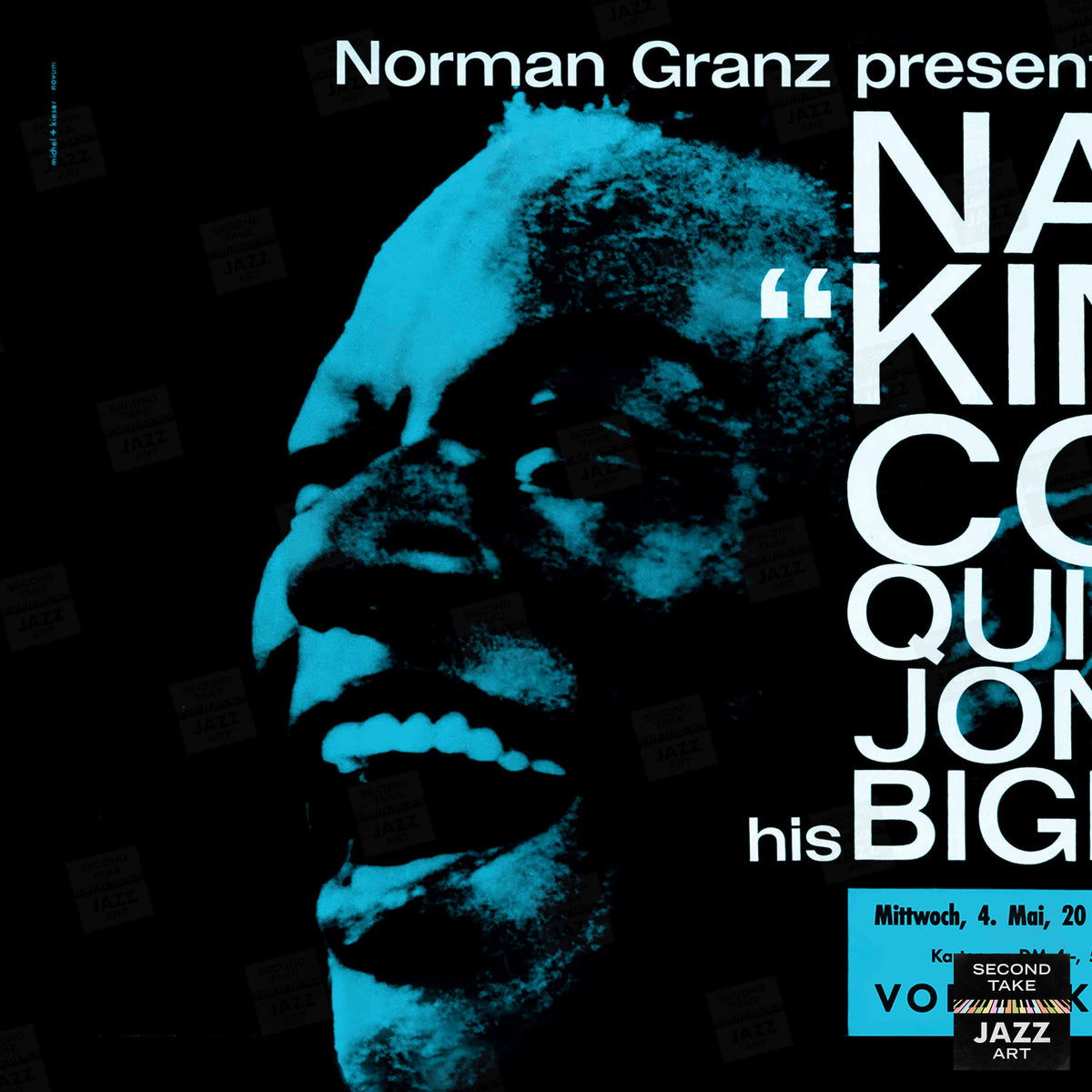 Nat King Cole - Quincy Jones Big Band jazz poster - Essen - 1960 (blue variant, horizontal)