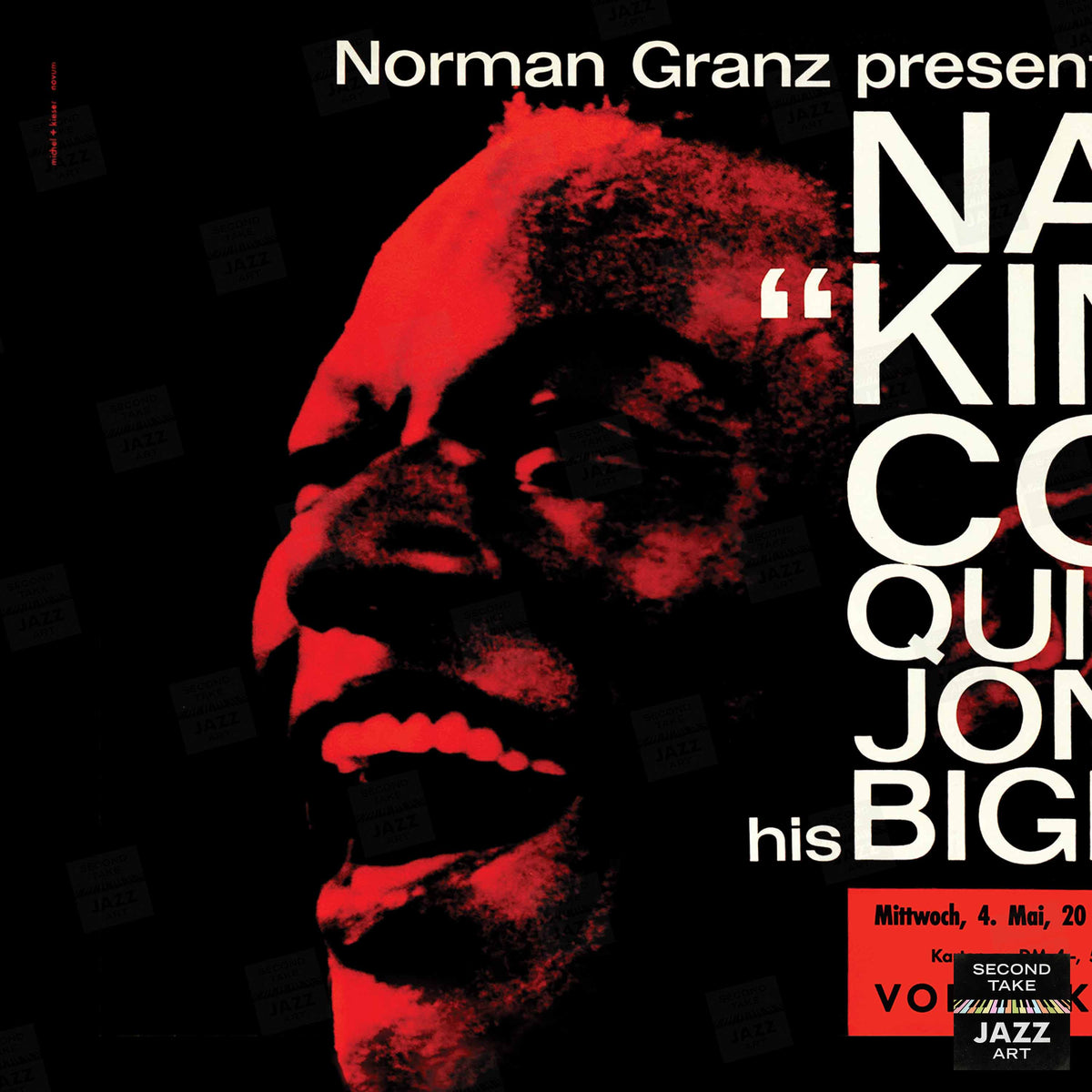 Nat King Cole - Quincy Jones Big Band jazz poster - Essen - 1960 (red variant, horizontal)