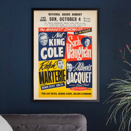 Nat King Cole - Sarah Vaughan - Illinois Jacquet jazz poster - National Guard Armory - 1953