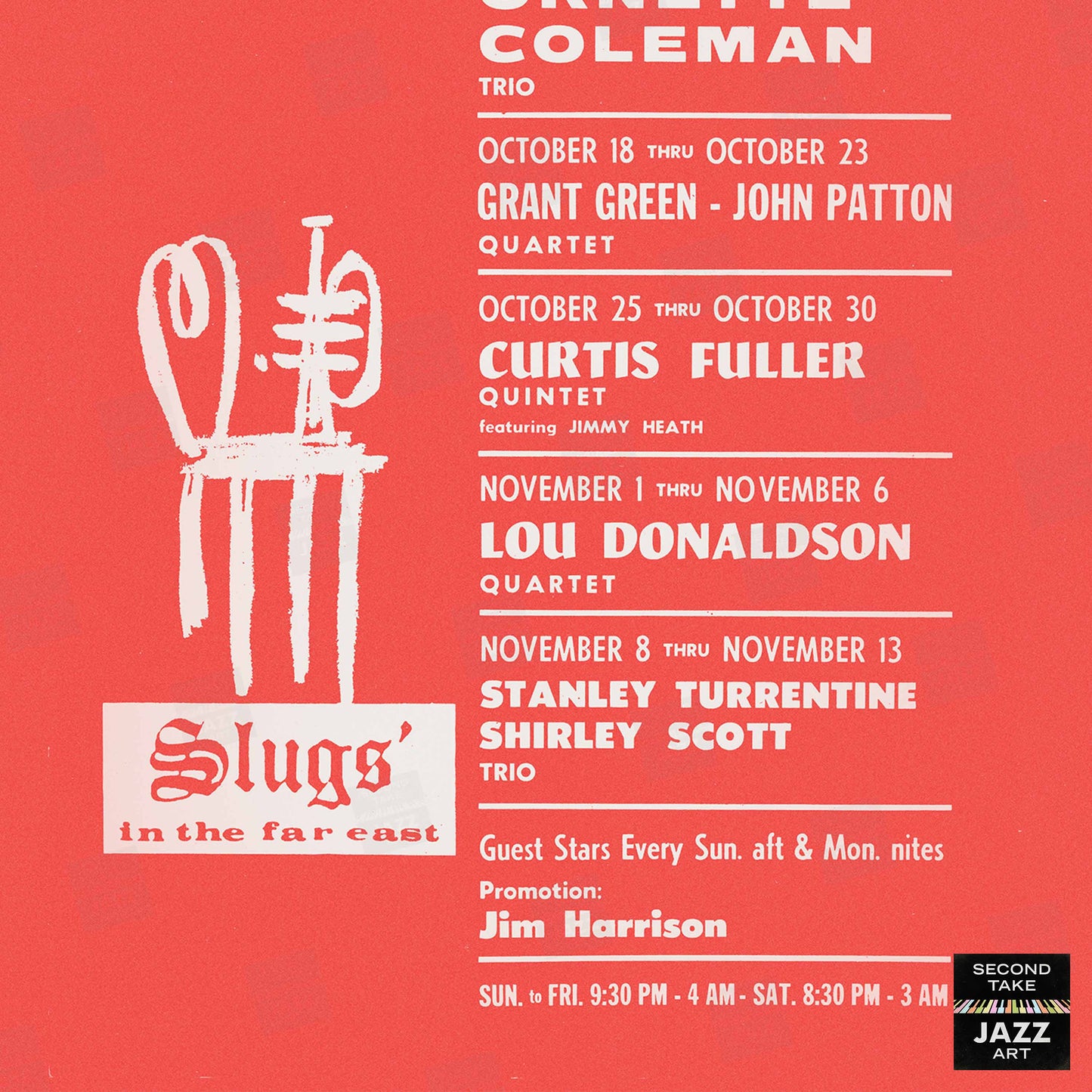 Ornette Coleman - Grant Green - Lou Donaldson jazz poster - Slugs' Saloon - 1966