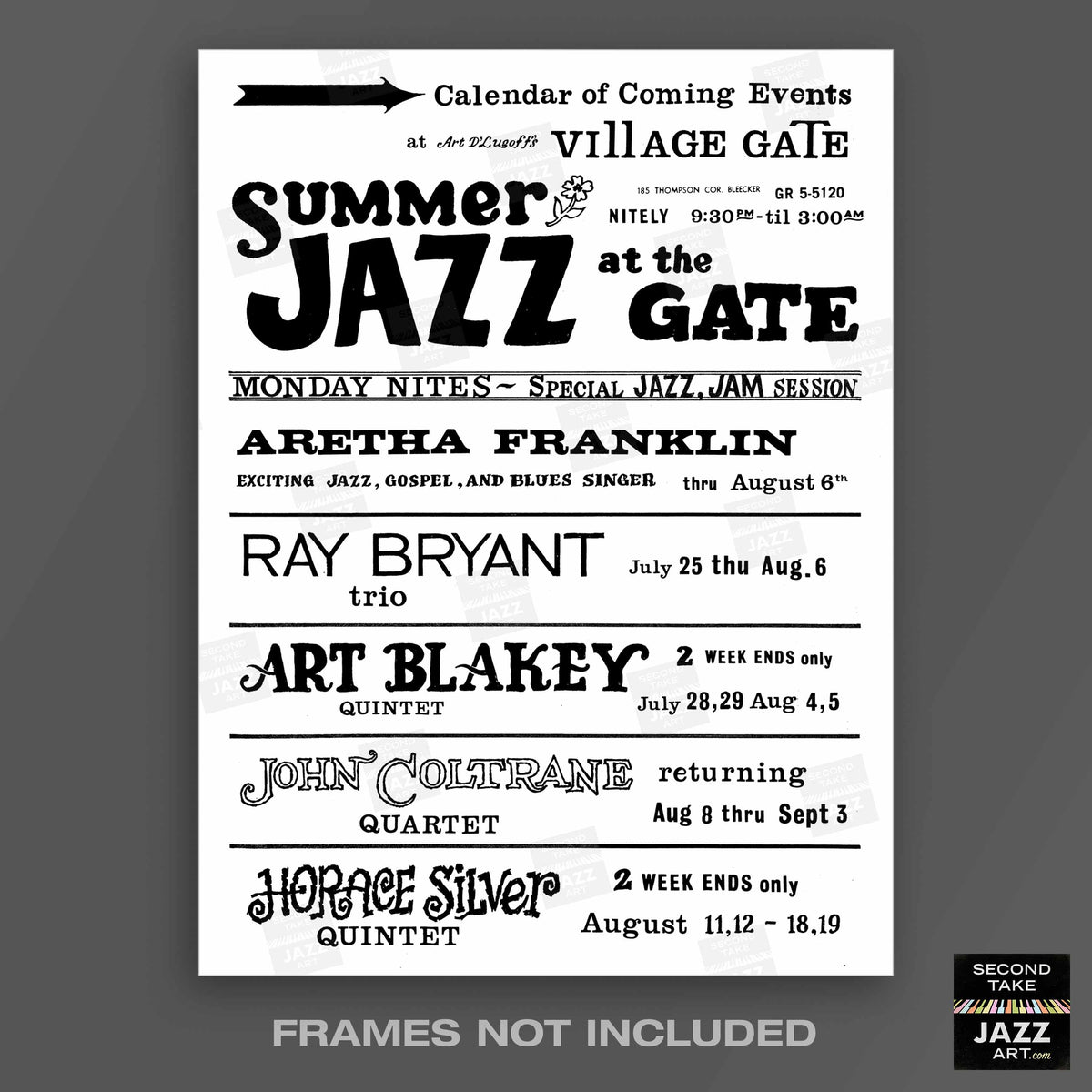 John Coltrane - Art Blakey - Aretha Franklin jazz poster - Summer Jazz at the Village Gate - 1961