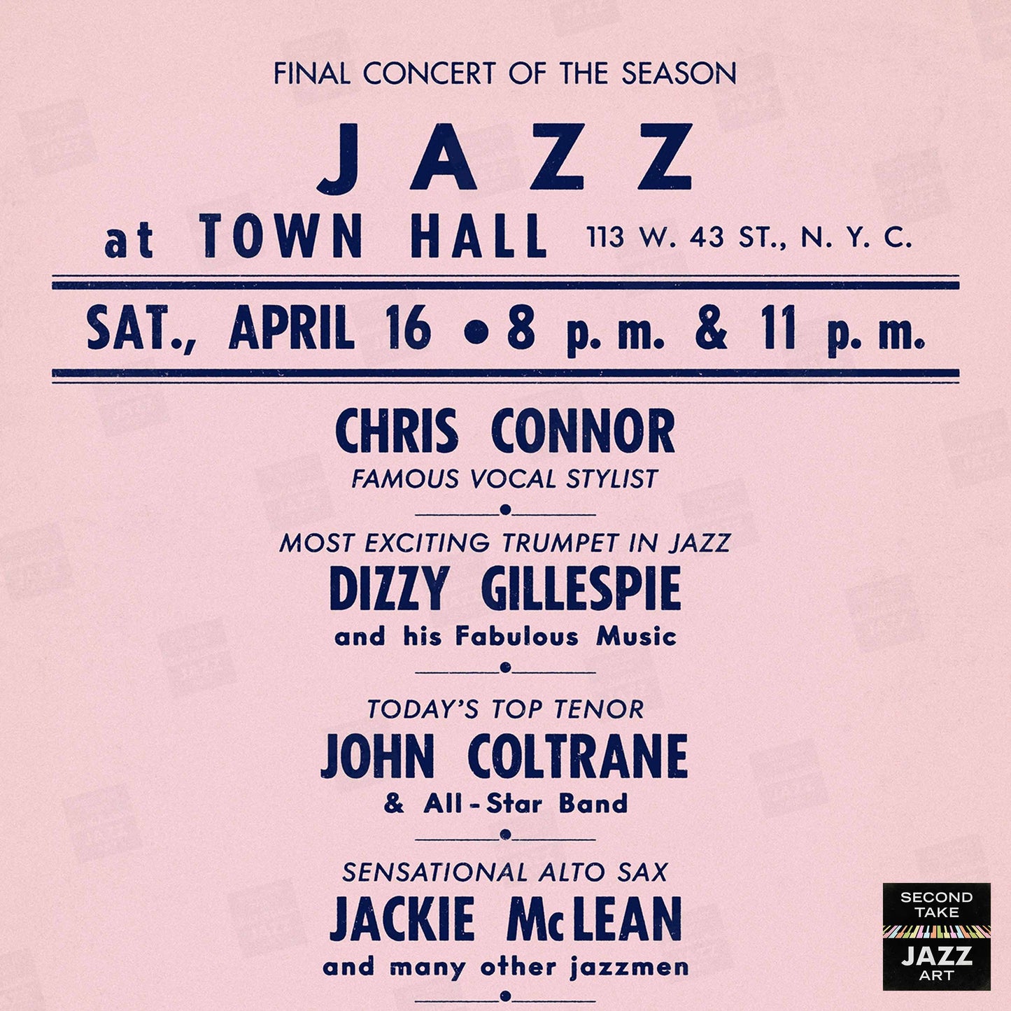 Chris Connor - Dizzy Gillespie - John Coltrane jazz poster - Town Hall - 1960