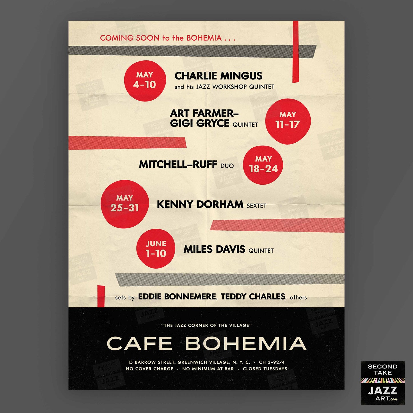 Miles Davis - John Coltrane - Kenny Dorham jazz poster - At the Cafe Bohemia - 1956