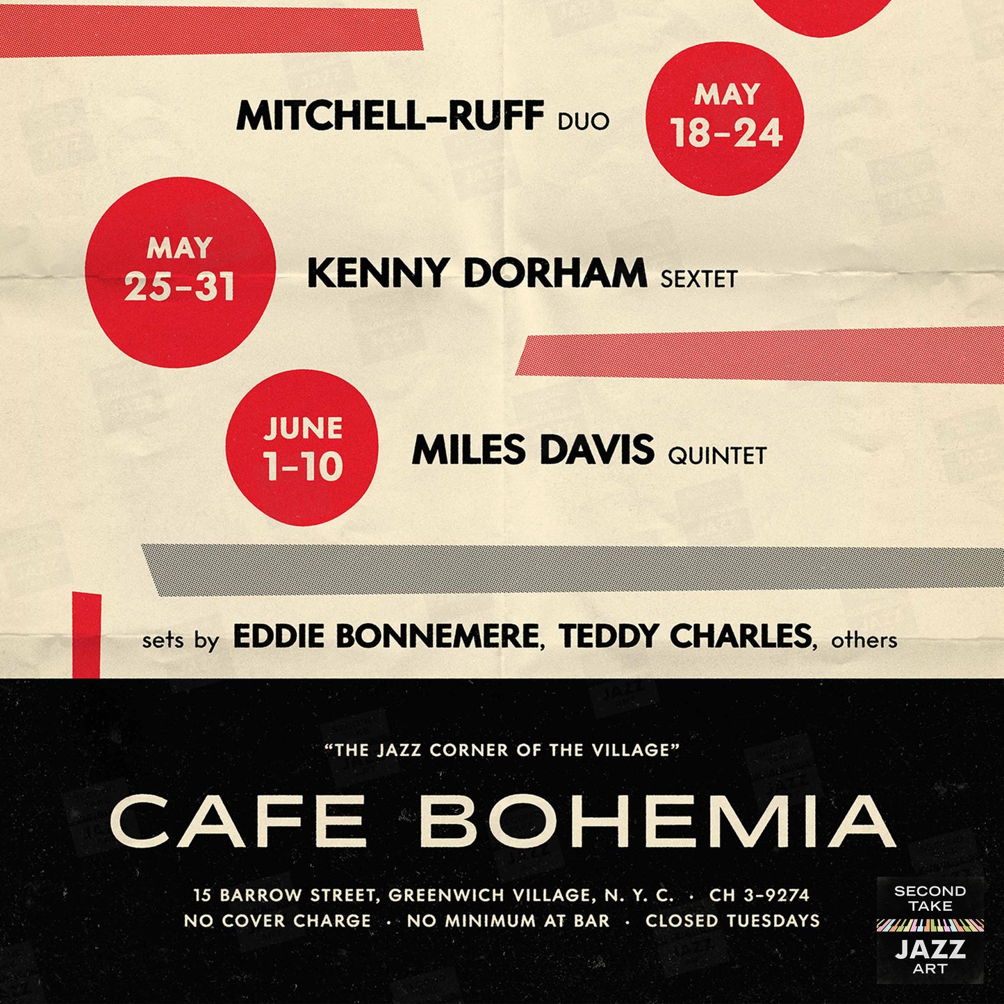 Miles Davis - John Coltrane - Kenny Dorham jazz poster - At the Cafe Bohemia - 1956