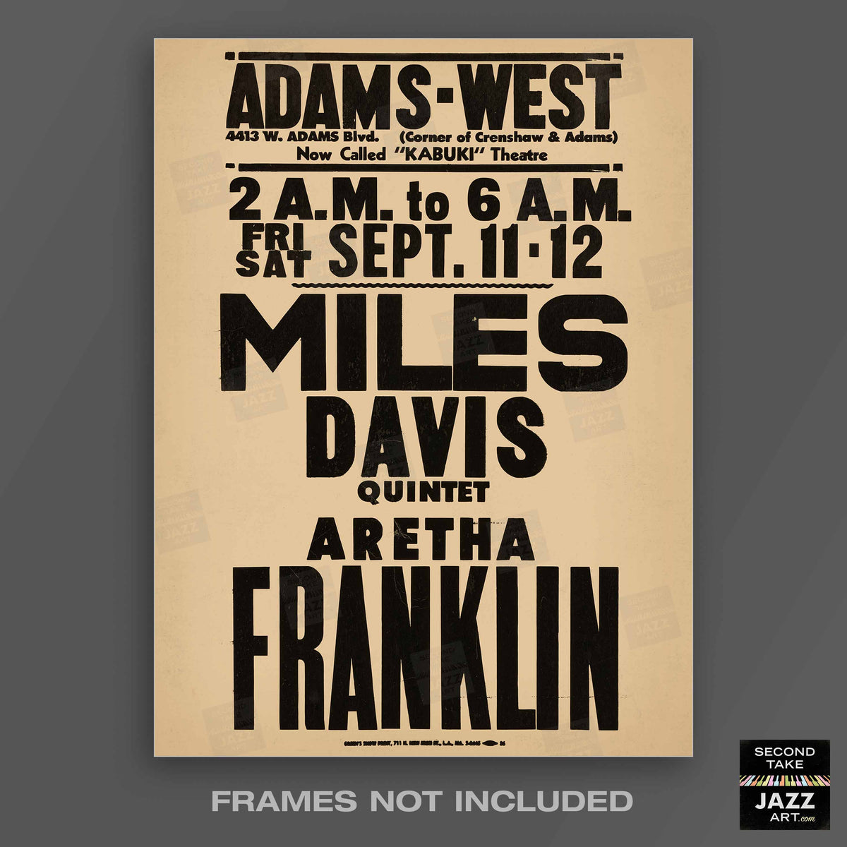 Miles Davis - Aretha Franklin jazz poster - Adams-West - Los Angeles - 1964