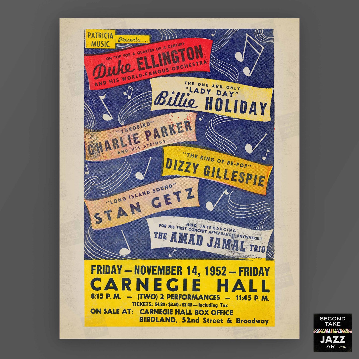 Duke Ellington - Billie Holiday - Charlie Parker jazz poster - Carnegie Hall - 1952