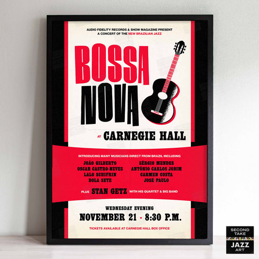 João Gilberto - Stan Getz jazz poster - Bossa Nova at Carnegie Hall - 1962 (red variant)