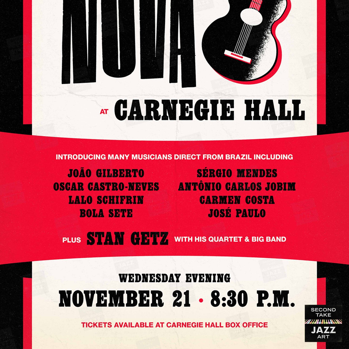 João Gilberto - Stan Getz jazz poster - Bossa Nova at Carnegie Hall - 1962 (red variant)
