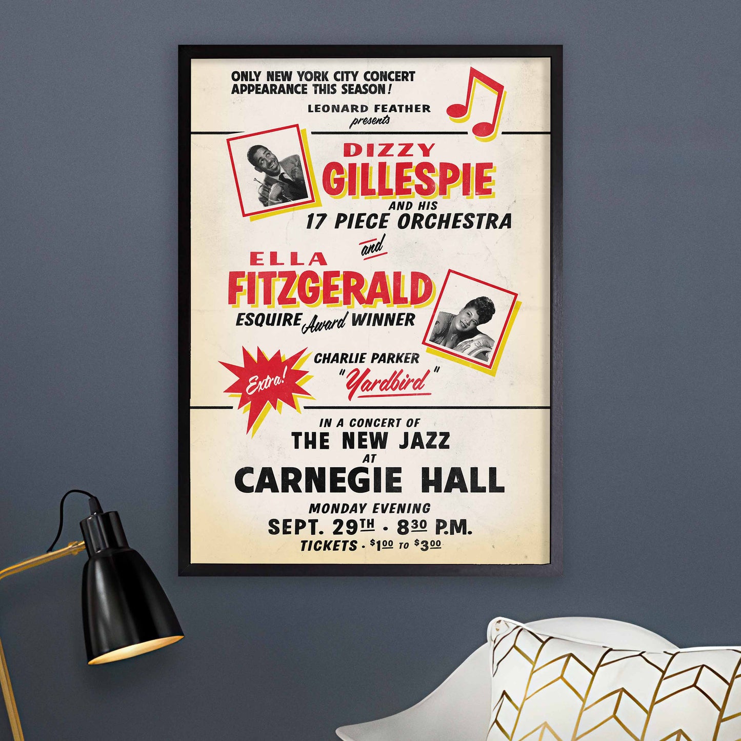 Dizzy Gillespie, Ella Fitzgerald, Charlie Parker jazz poster - Carnegie Hall - 1947