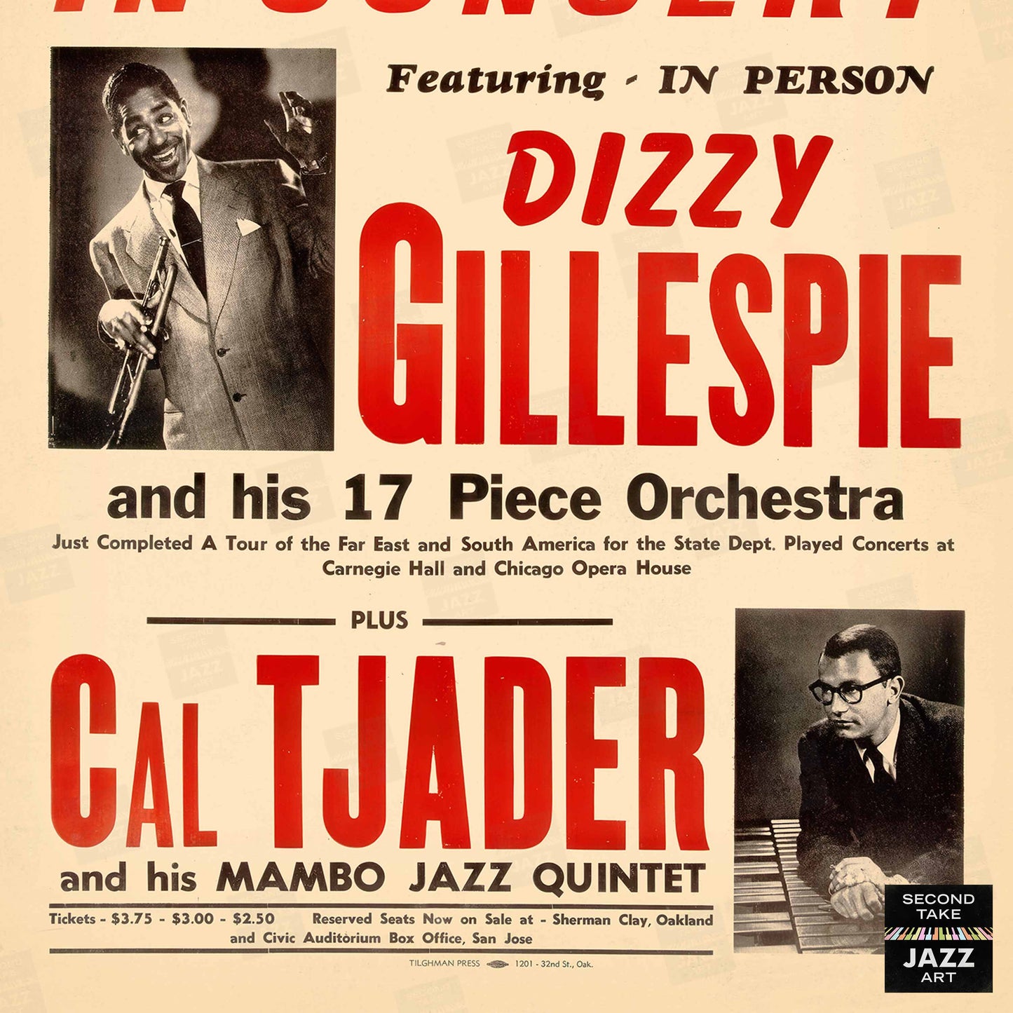 Dizzy Gillespie - Cal Tjader jazz poster - San Jose - Berkeley - 1957