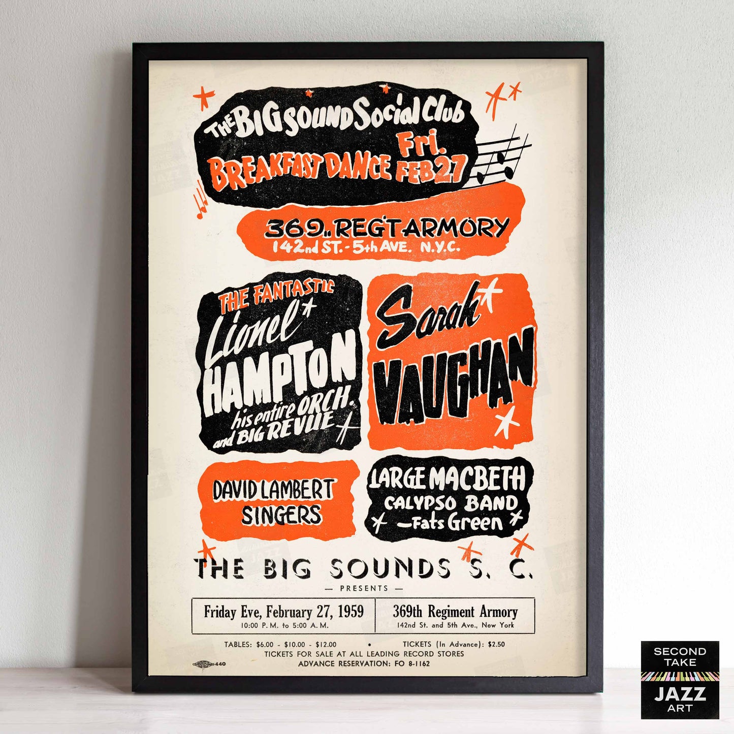 Lionel Hampton - Sarah Vaughan jazz poster - Big Sounds Social Club - 369th Reg. Armory - 1959