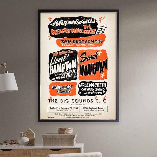 Lionel Hampton - Sarah Vaughan jazz poster - Big Sounds Social Club - 369th Reg. Armory - 1959