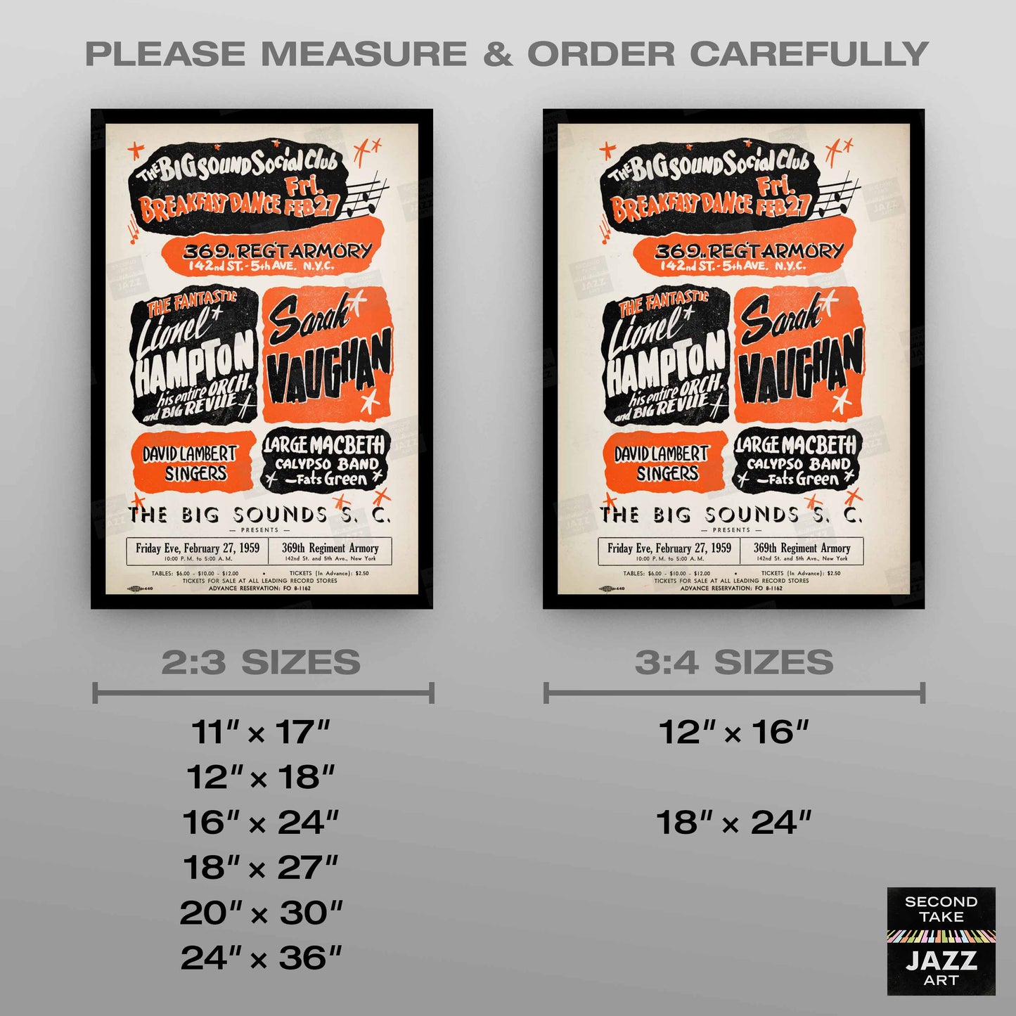 Lionel Hampton - Sarah Vaughan jazz poster - Big Sounds Social Club - 369th Reg. Armory - 1959
