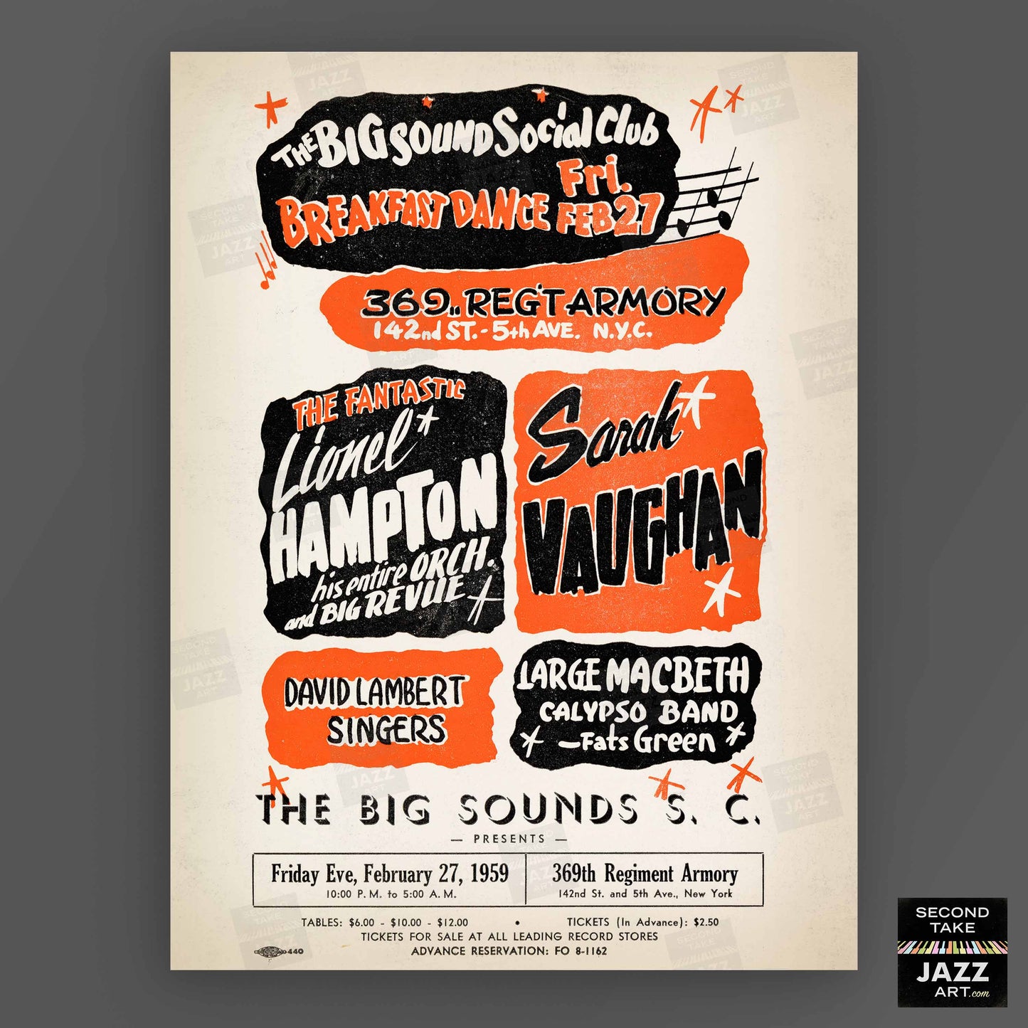 Lionel Hampton - Sarah Vaughan jazz poster - Big Sounds Social Club - 369th Reg. Armory - 1959