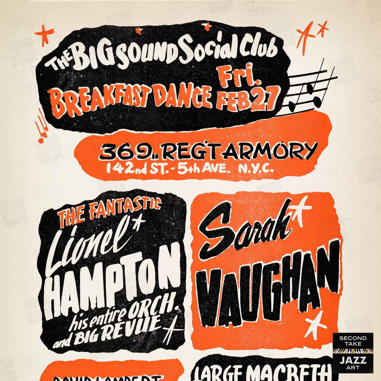 Lionel Hampton - Sarah Vaughan jazz poster - Big Sounds Social Club - 369th Reg. Armory - 1959