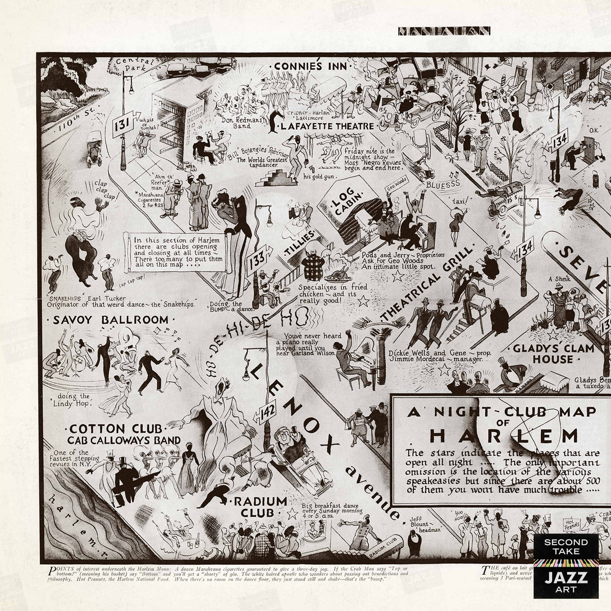Harlem Night Club Map jazz poster - Manhattan - 1932 (horizontal)