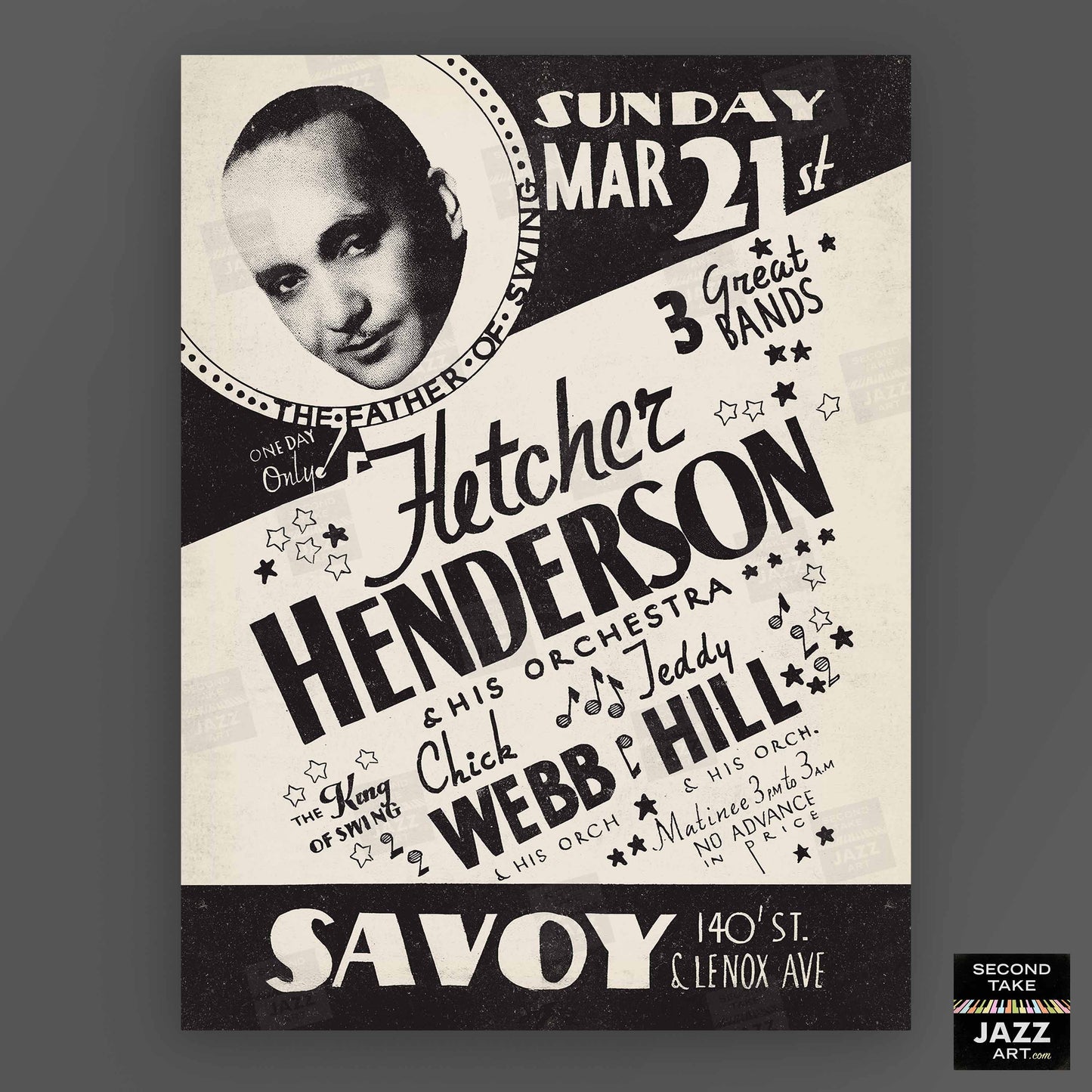 Fletcher Henderson - Chick Webb - Teddy Hill jazz poster - Savoy Ballroom - Harlem, New York - 1937