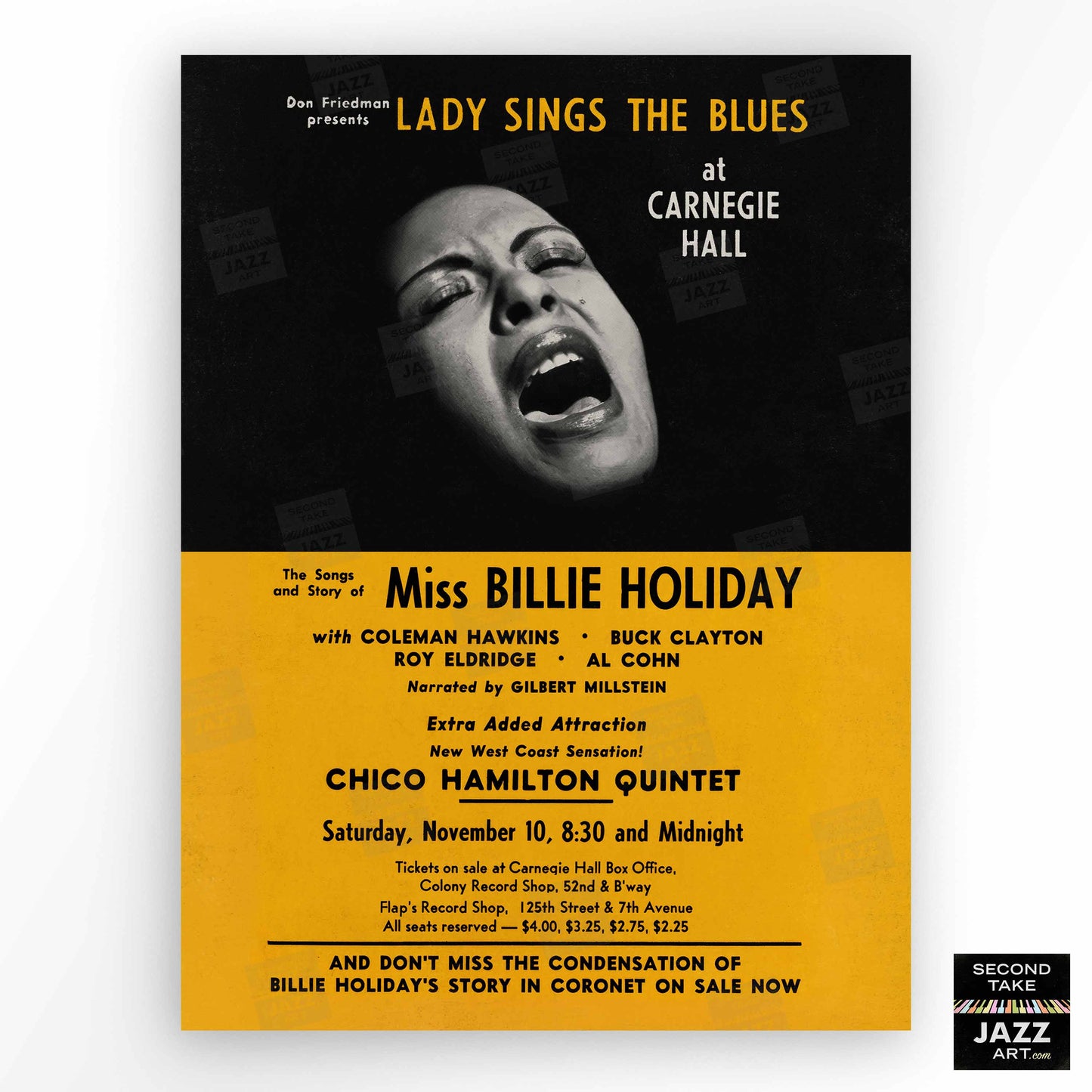 Billie Holiday jazz poster - Lady Sings the Blues - Carnegie Hall - 1956