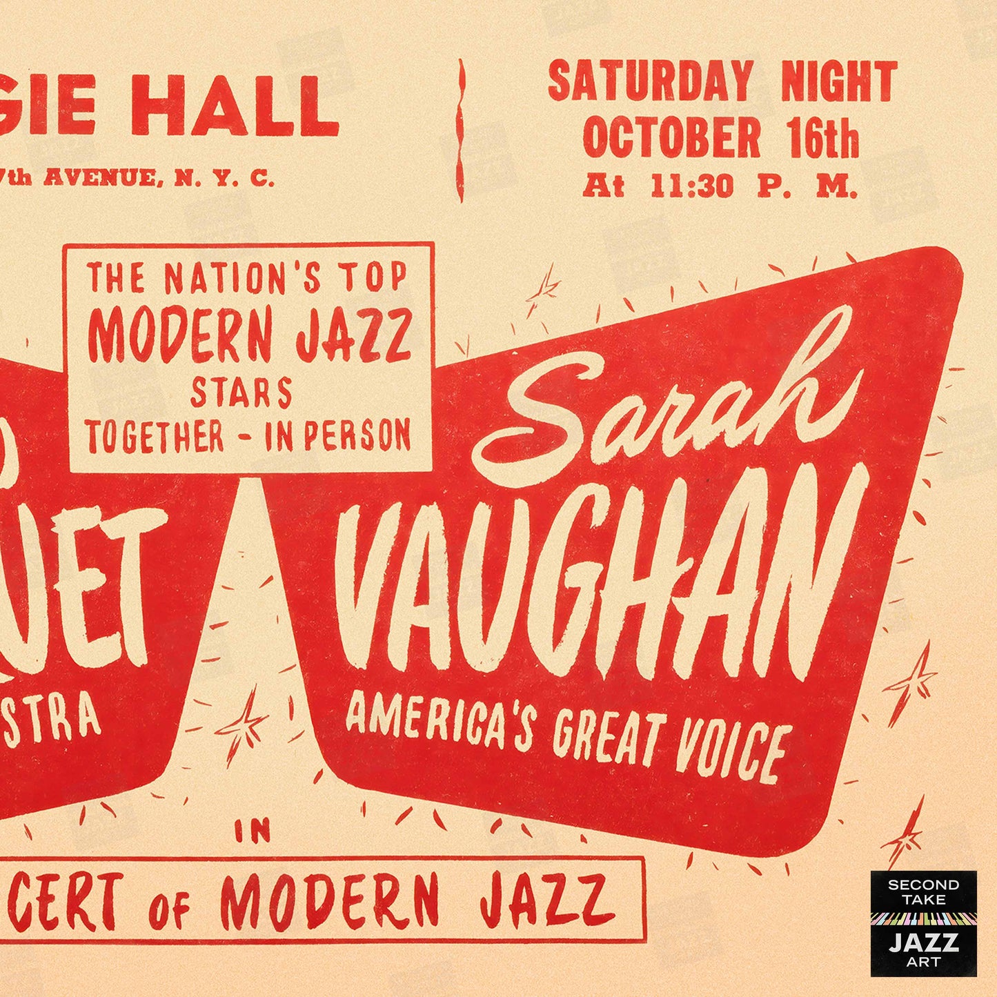 Illinois Jacquet - Sarah Vaughan jazz poster - Carnegie Hall - 1948 (horizontal)