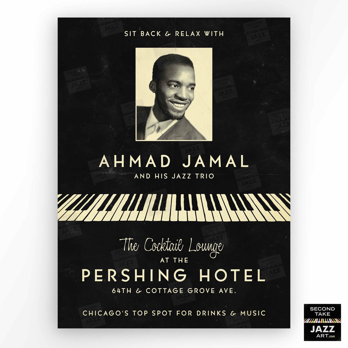 Ahmad Jamal Trio jazz poster - At the Pershing - Chicago - 1958 (black variant)