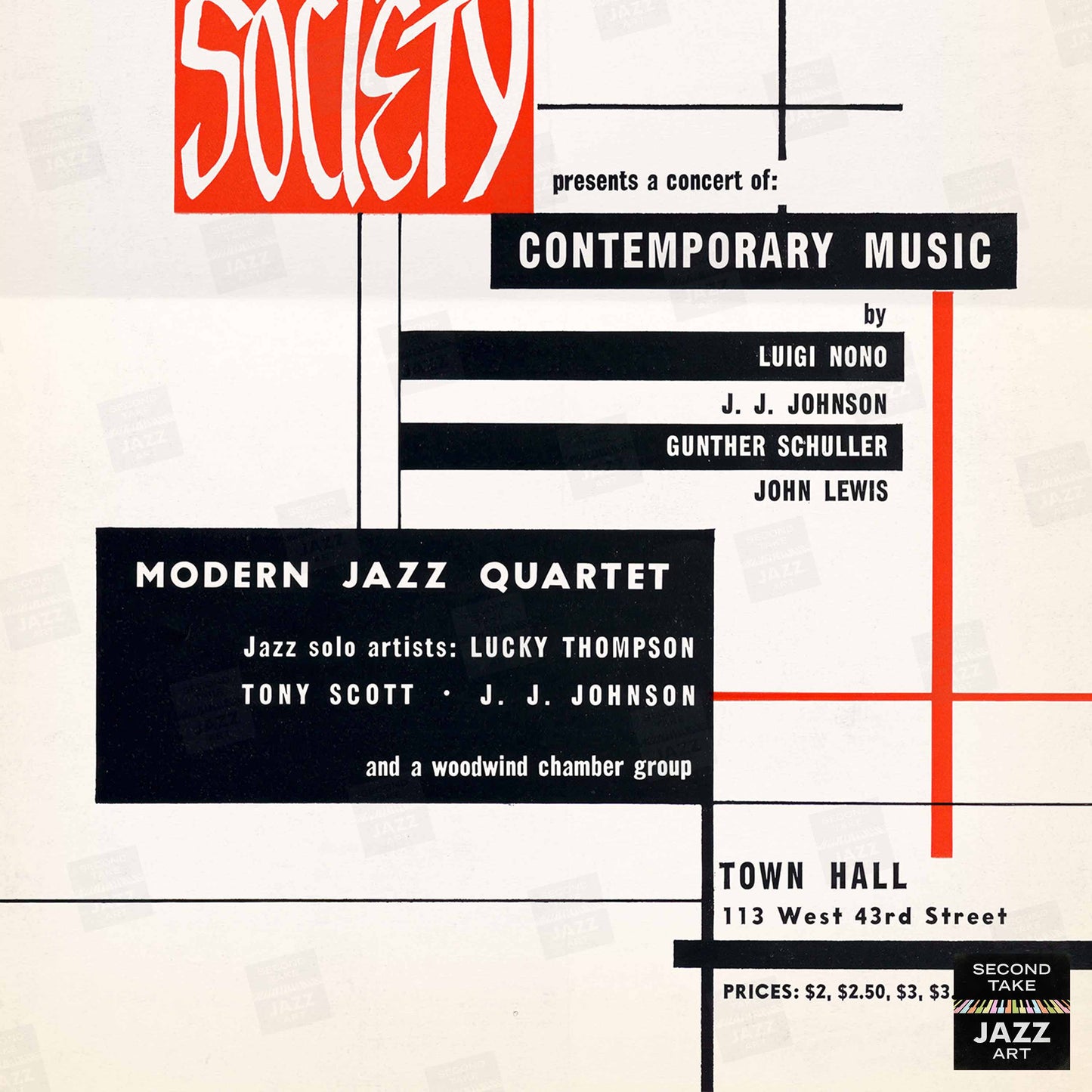 John Lewis - Gunther Schuller jazz poster - Modern Jazz Society - Town Hall - 1955
