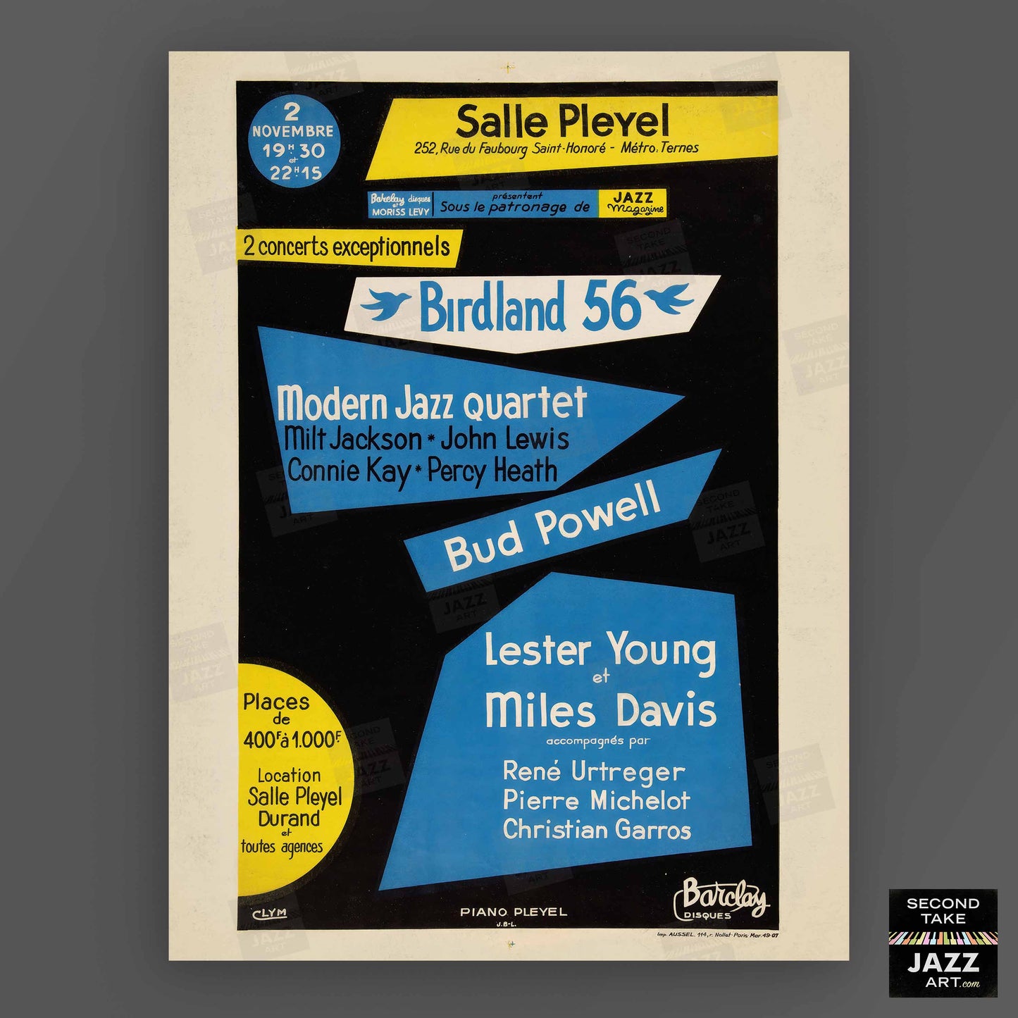 Miles Davis - Lester Young - Bud Powell - MJQ jazz poster - Birdland 56 - Paris, France - 1956