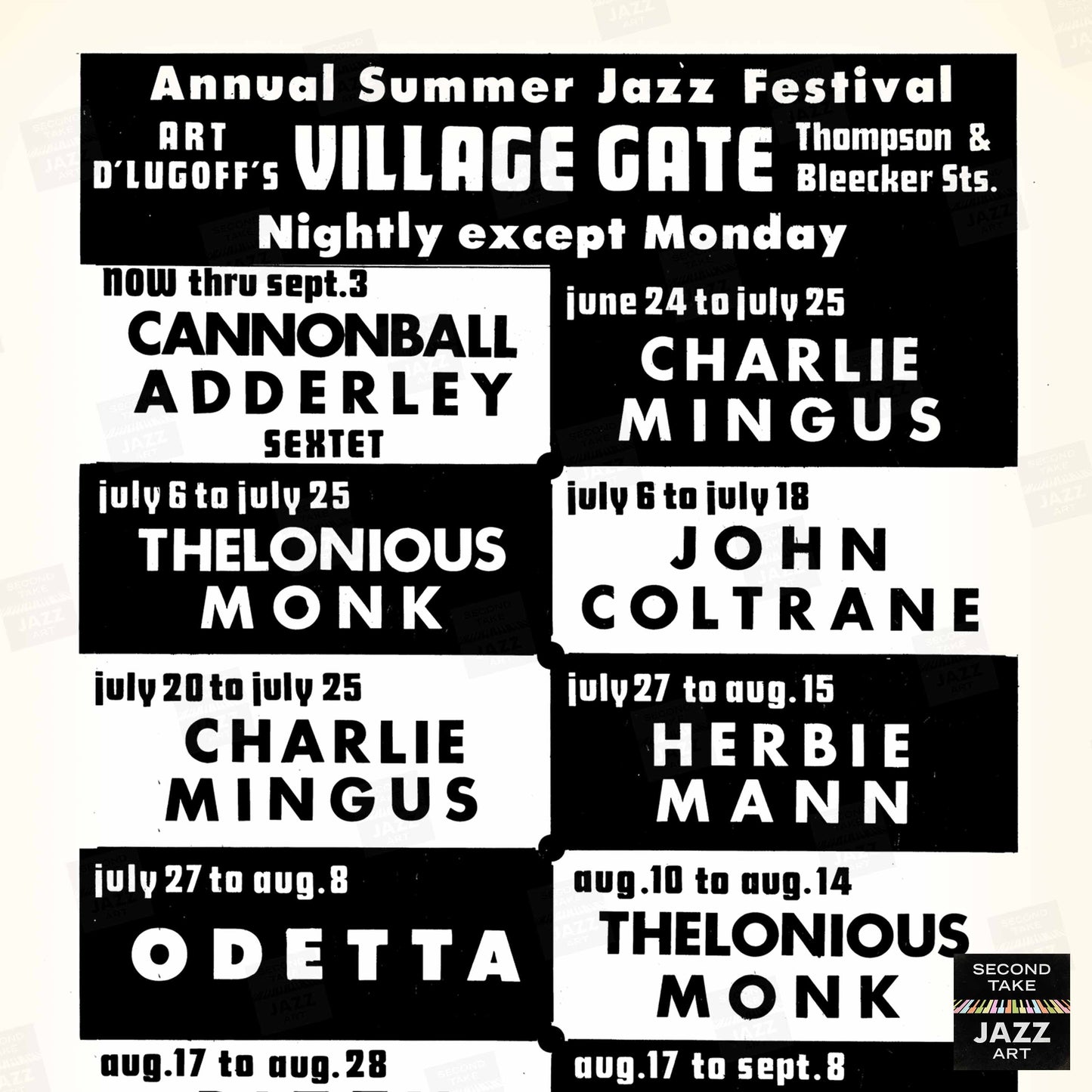 Charles Mingus - Thelonious Monk - John Coltrane jazz poster - Summer Jazz at the Village Gate - 1965