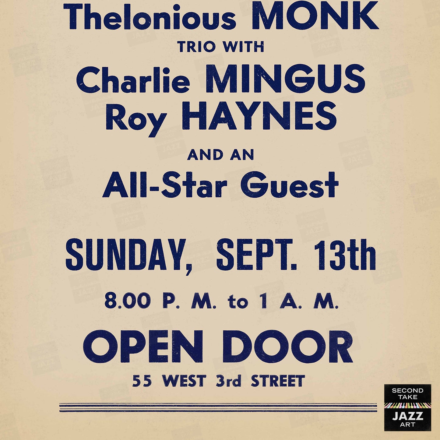Thelonious Monk - Charlie Parker - Charles Mingus jazz poster - Open Door - 1953