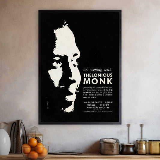 Thelonious Monk jazz poster - Orchestra and Quartet - Town Hall - 1959 (black variant)