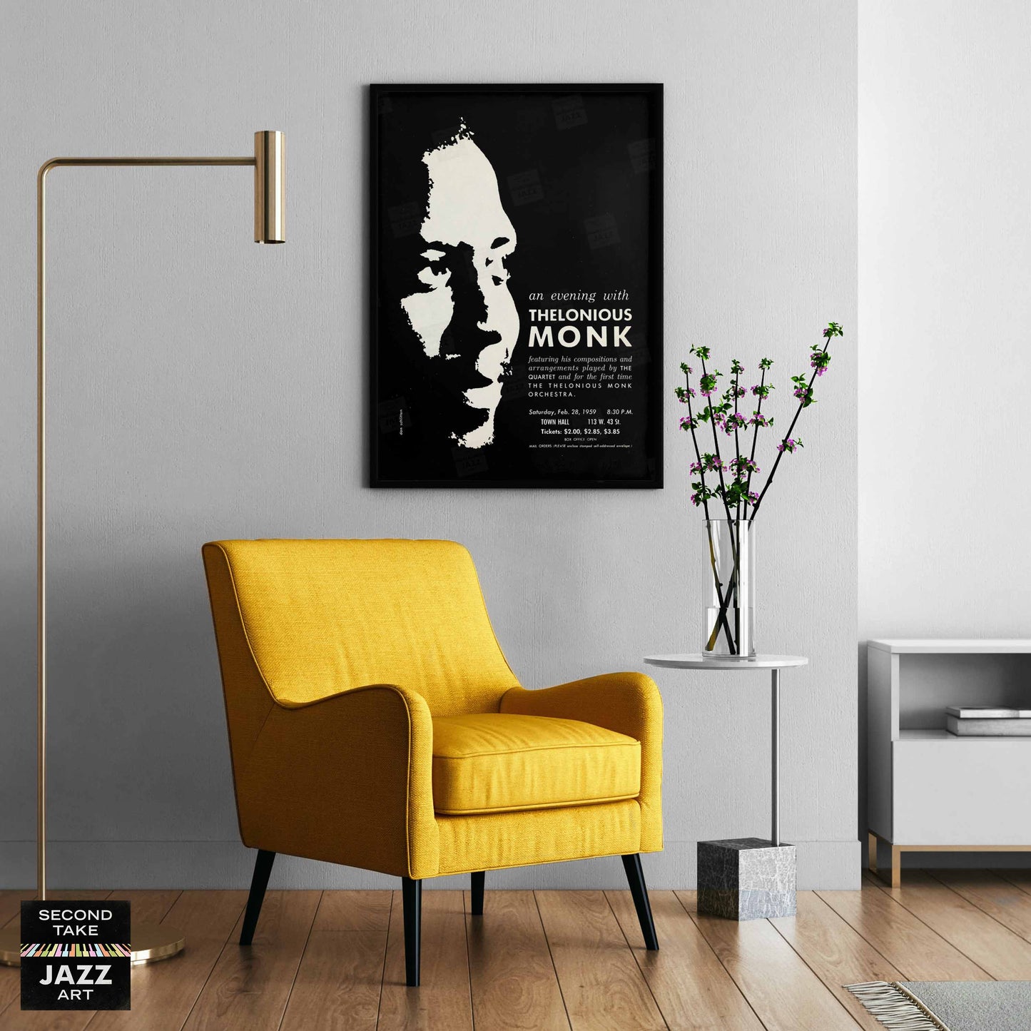Thelonious Monk jazz poster - Orchestra and Quartet - Town Hall - 1959 (black variant)
