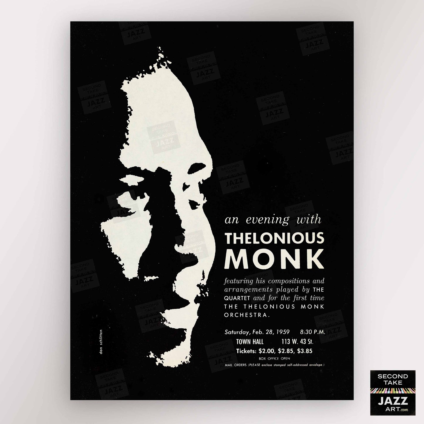 Thelonious Monk jazz poster - Orchestra and Quartet - Town Hall - 1959 (black variant)