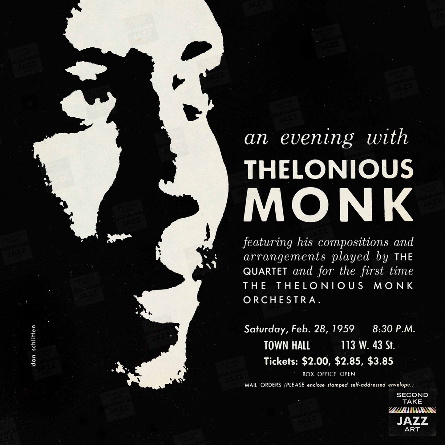 Thelonious Monk jazz poster - Orchestra and Quartet - Town Hall - 1959 (black variant)