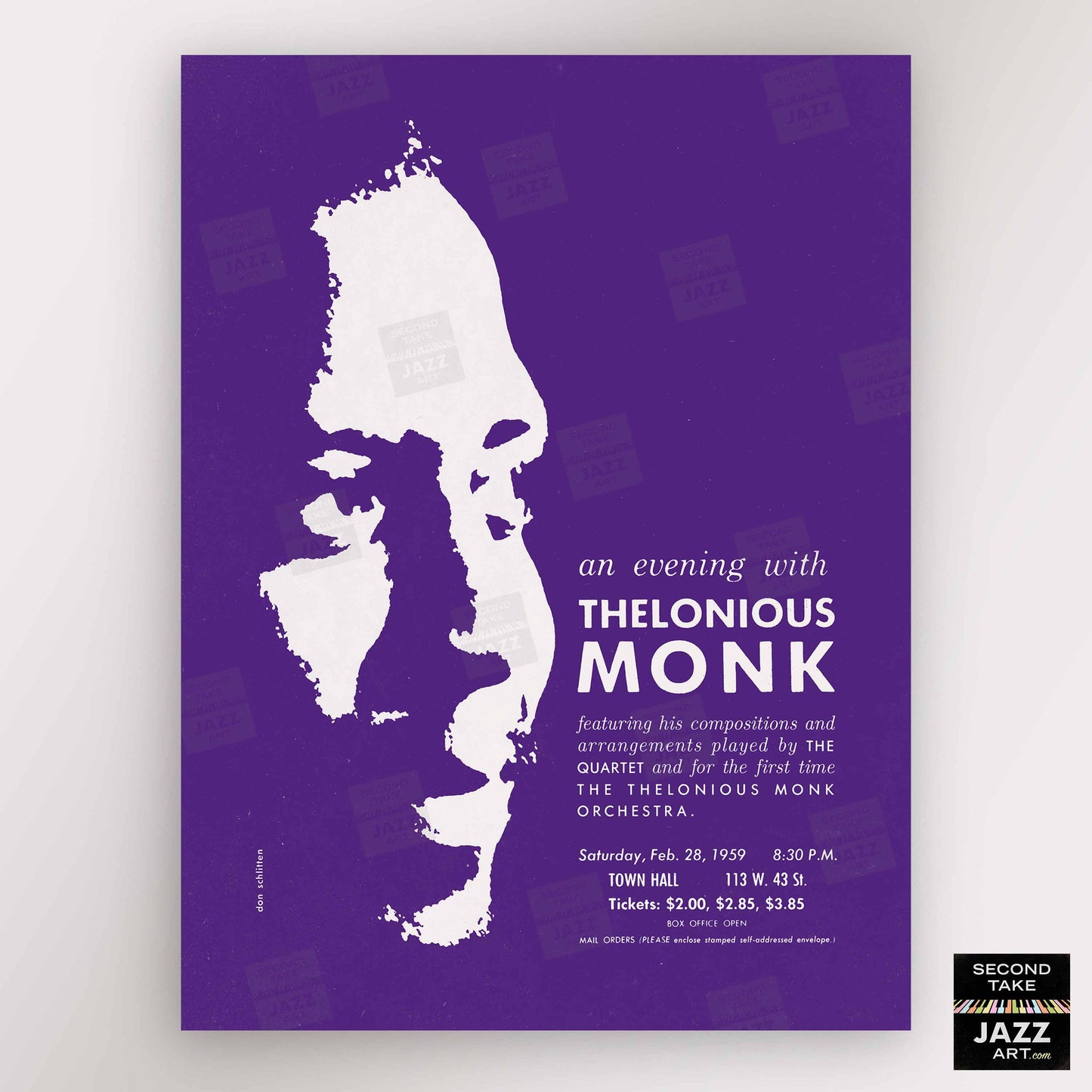 Thelonious Monk jazz poster - Orchestra and Quartet - Town Hall - 1959 (purple variant)