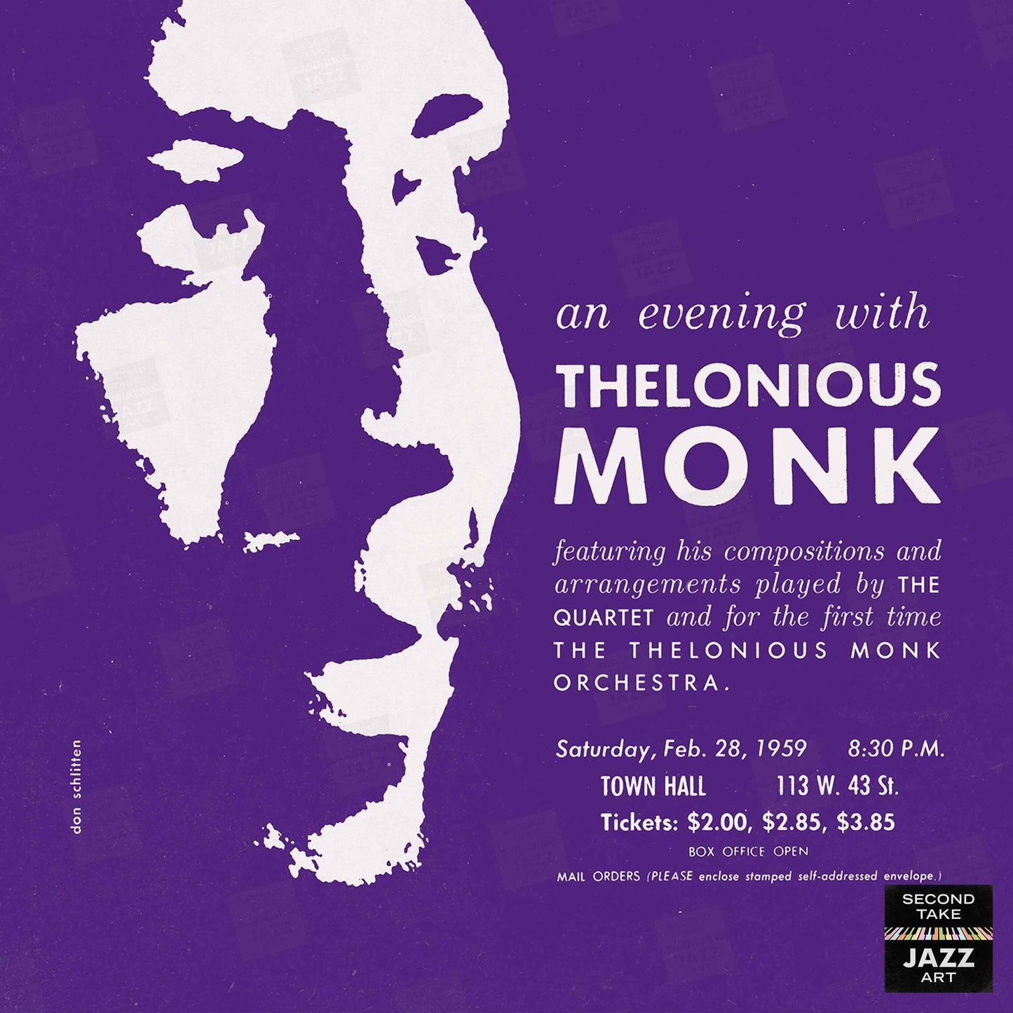 Thelonious Monk jazz poster - Orchestra and Quartet - Town Hall - 1959 (purple variant)