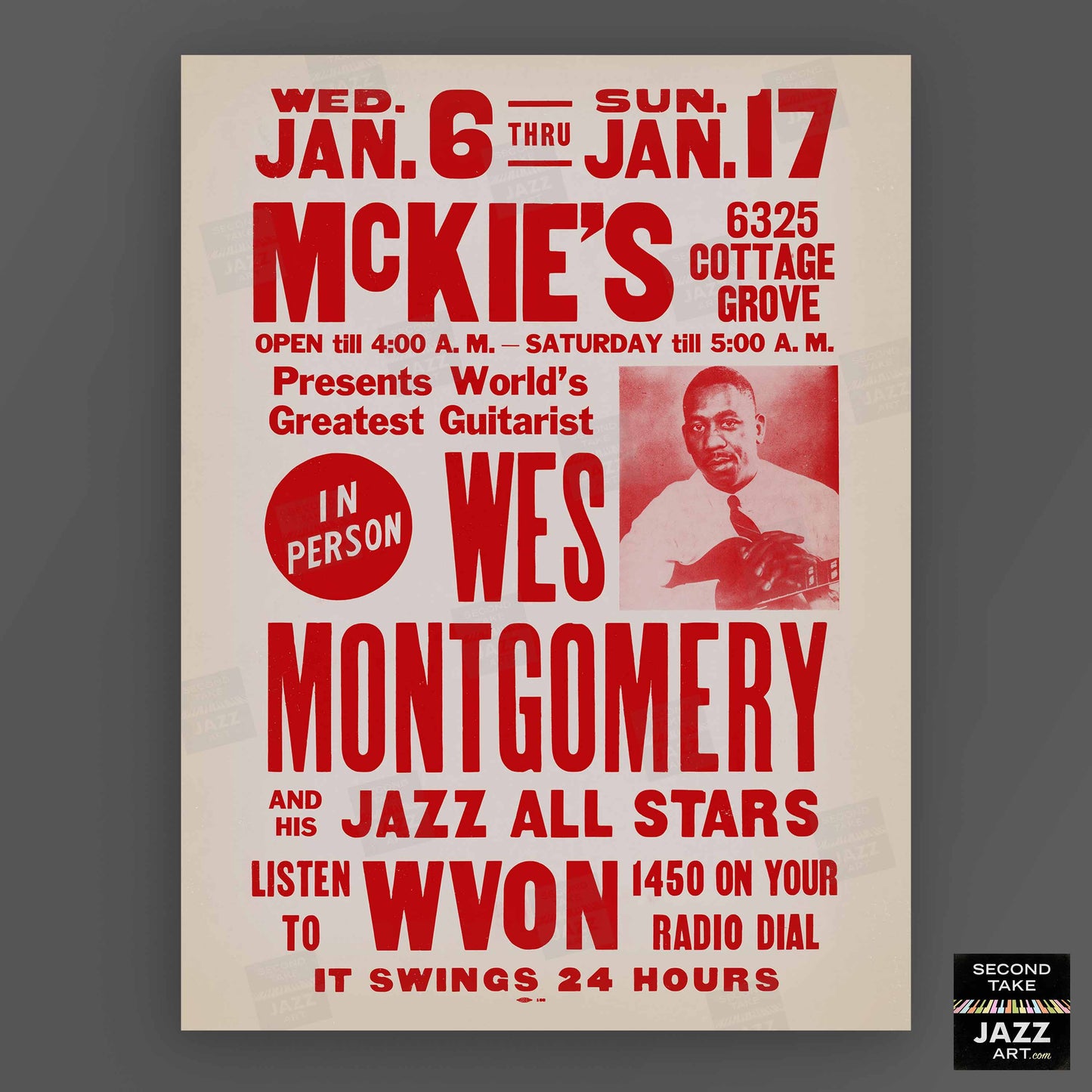 Wes Montgomery jazz poster - McKie's - Chicago - 1965 (red variant)