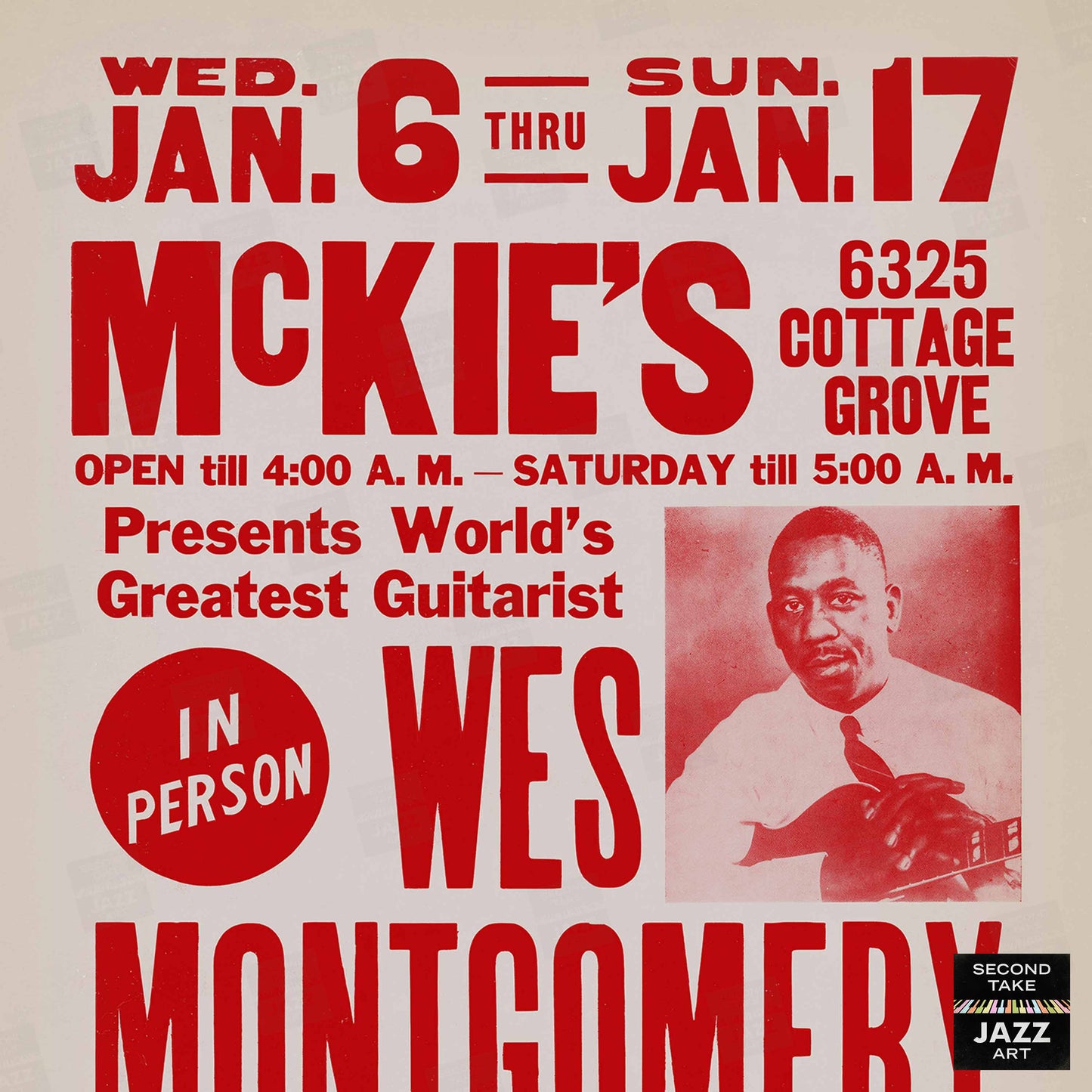 Wes Montgomery jazz poster - McKie's - Chicago - 1965 (red variant)