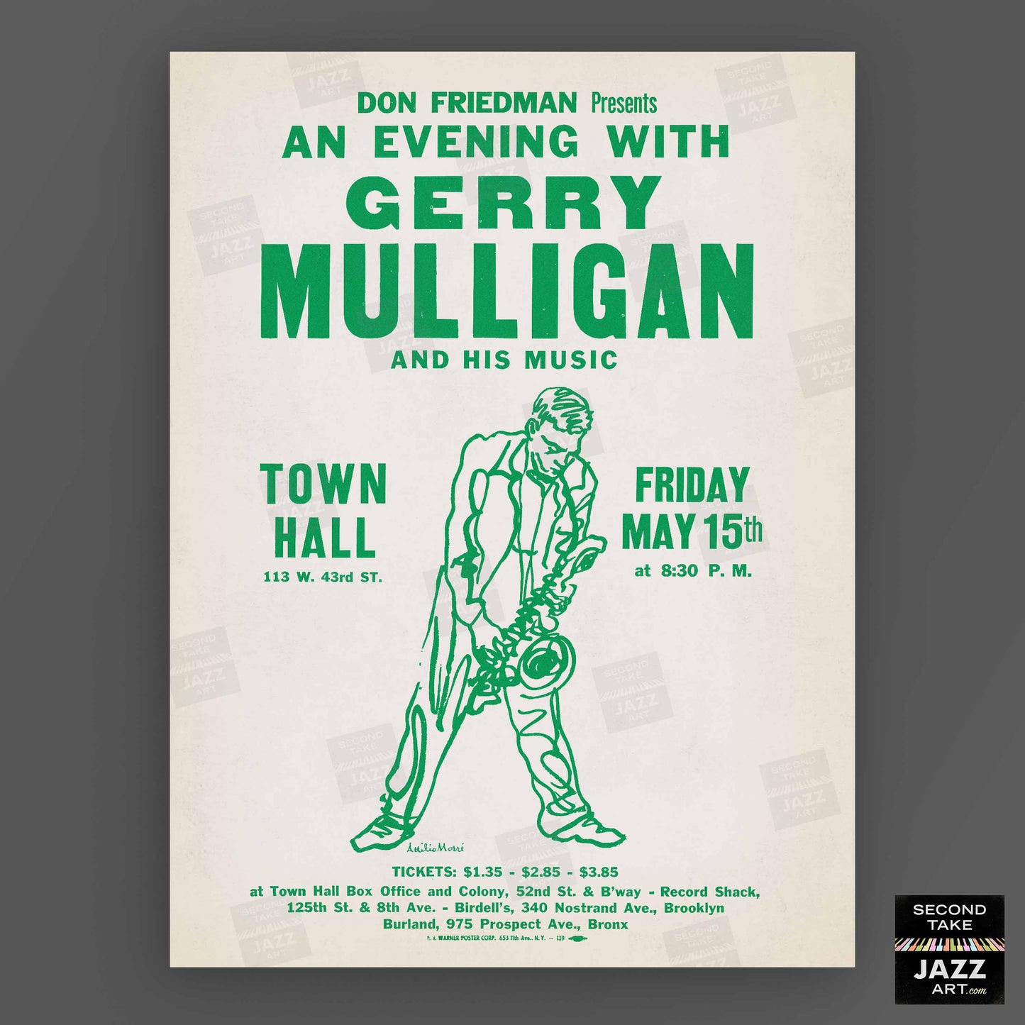 Gerry Mulligan jazz poster - Town Hall - 1959 (green variant)
