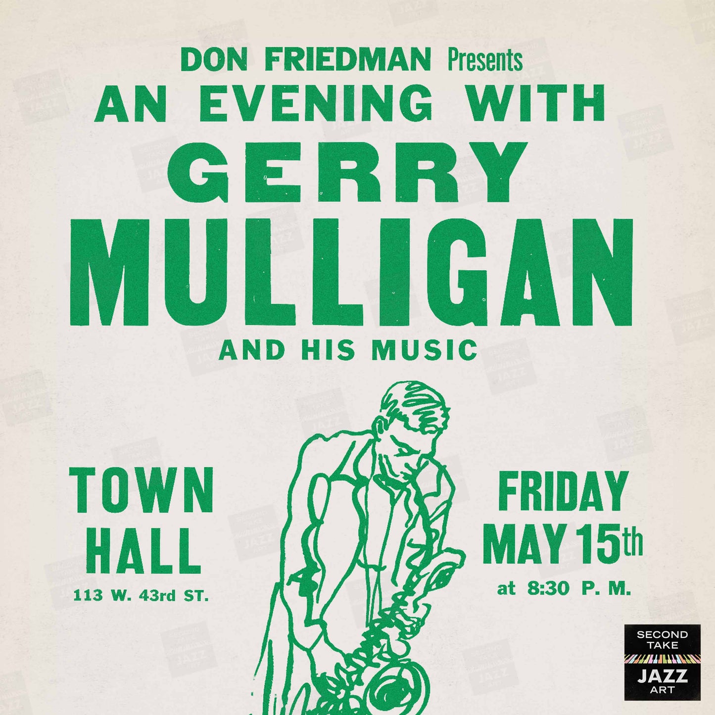 Gerry Mulligan jazz poster - Town Hall - 1959 (green variant)
