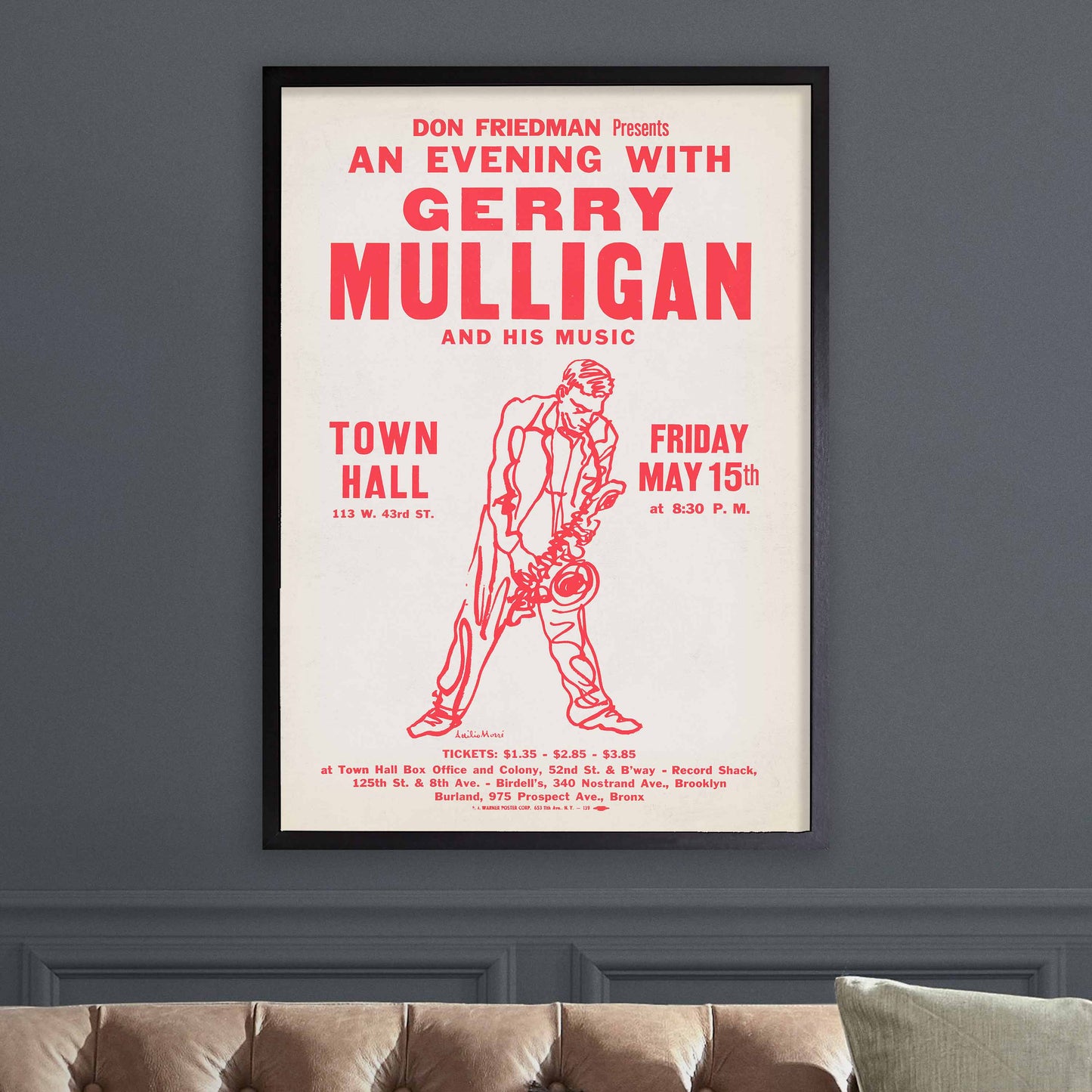 Gerry Mulligan jazz poster - Town Hall - 1959 (red variant)