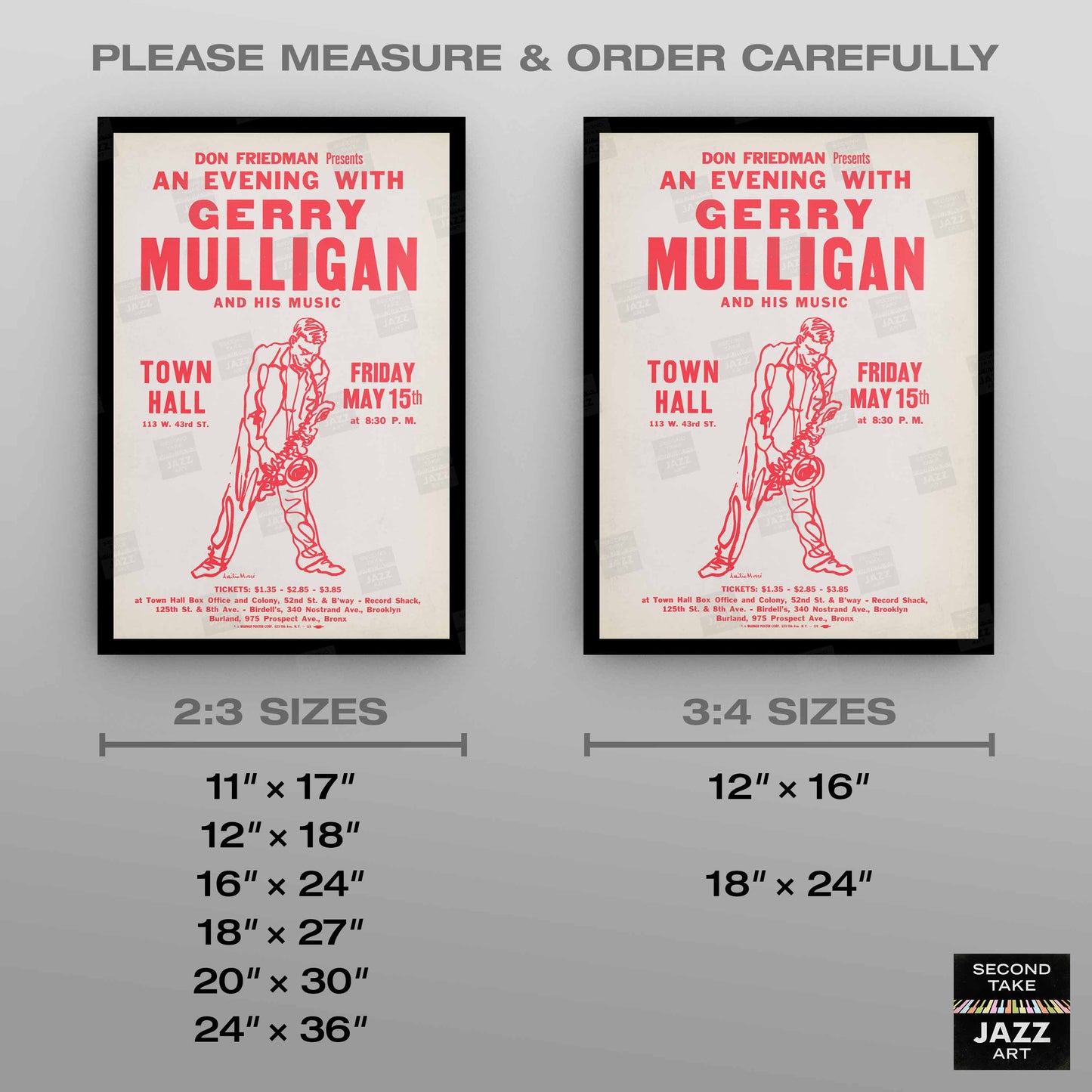 Gerry Mulligan jazz poster - Town Hall - 1959 (red variant)